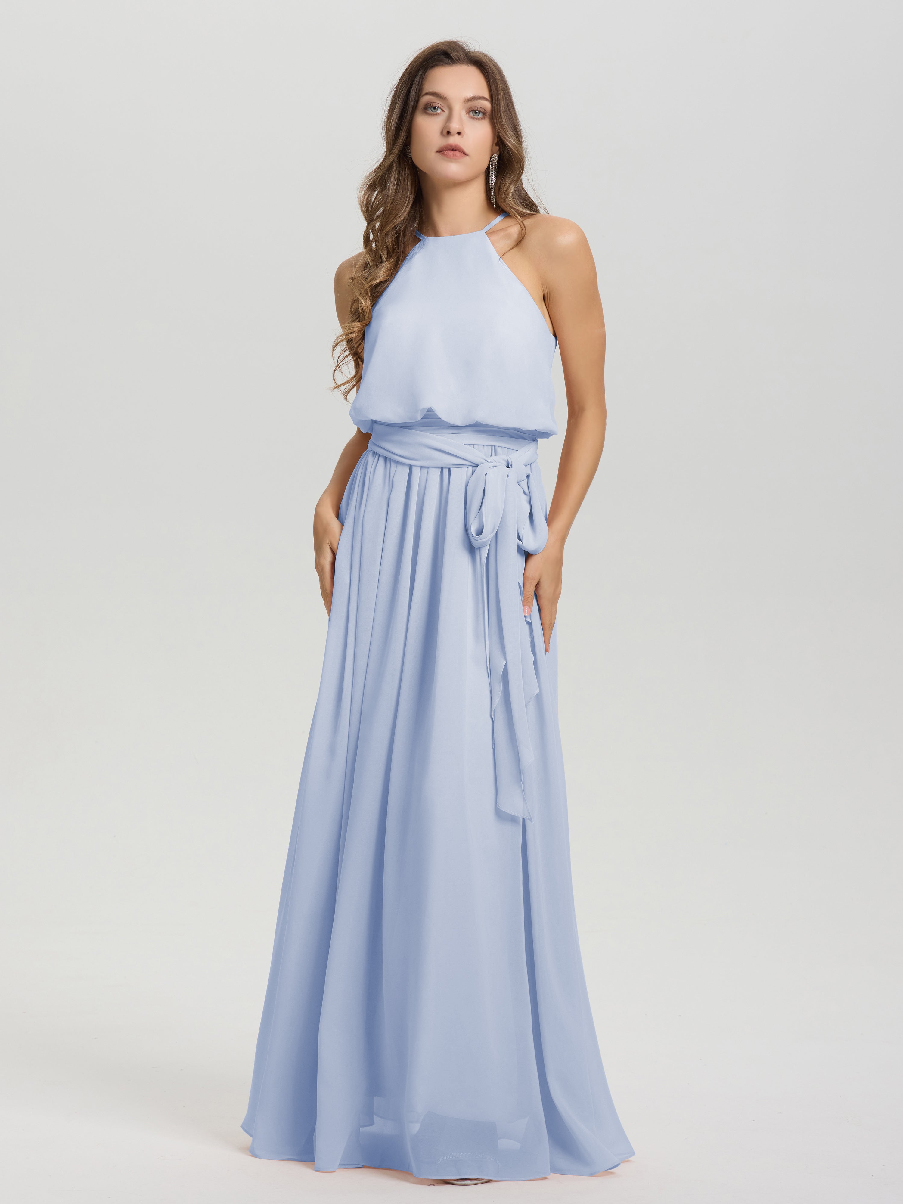 Robe Demoiselle D Honneur Bleue Ciel Licou Trapèze Mousseline Robe Demoiselle D'Honneur