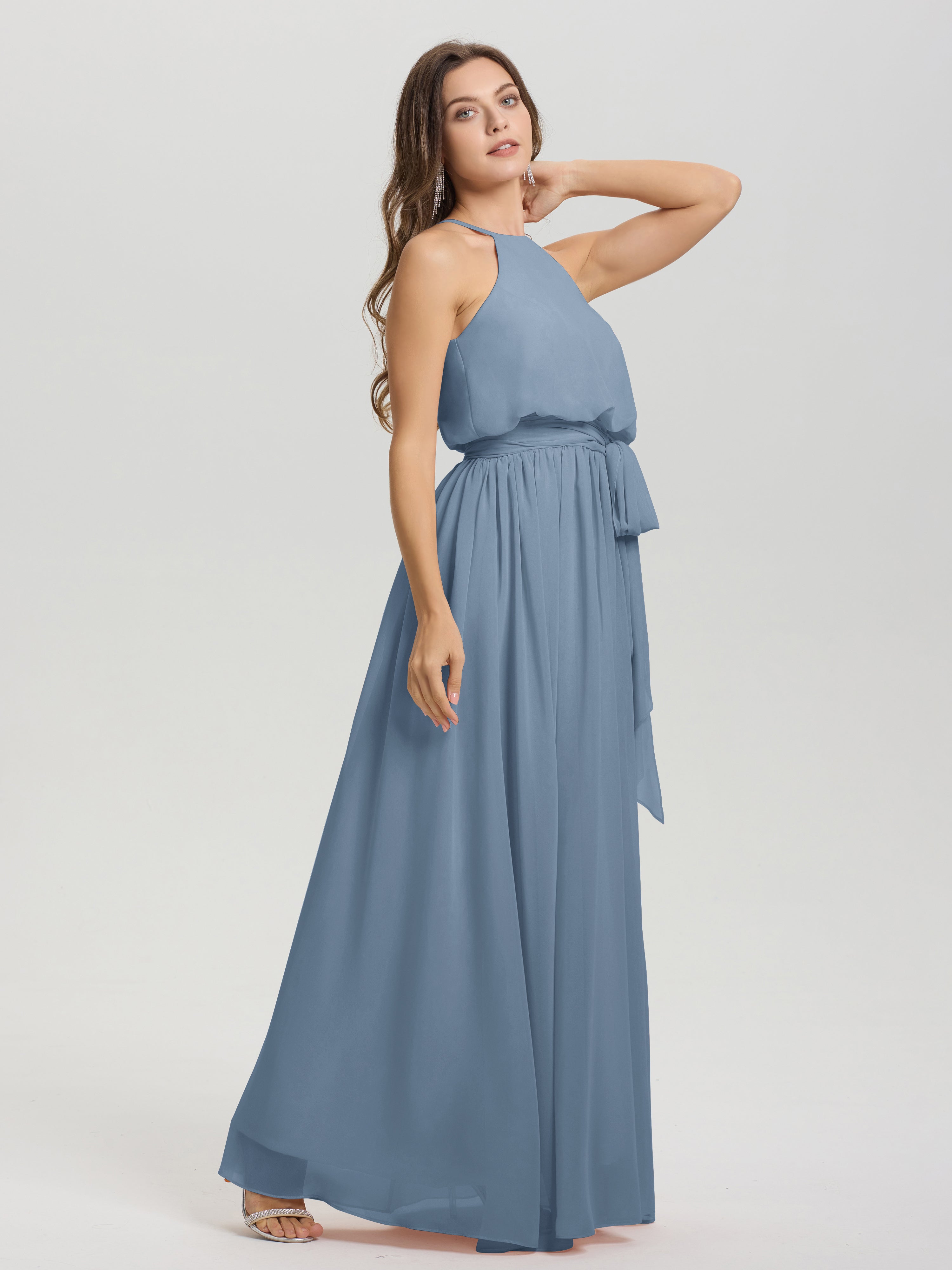 Robes De Demoiselle D'Honneur Bleu De Schiste Licou Trapèze Mousseline Robe Demoiselle D'Honneur