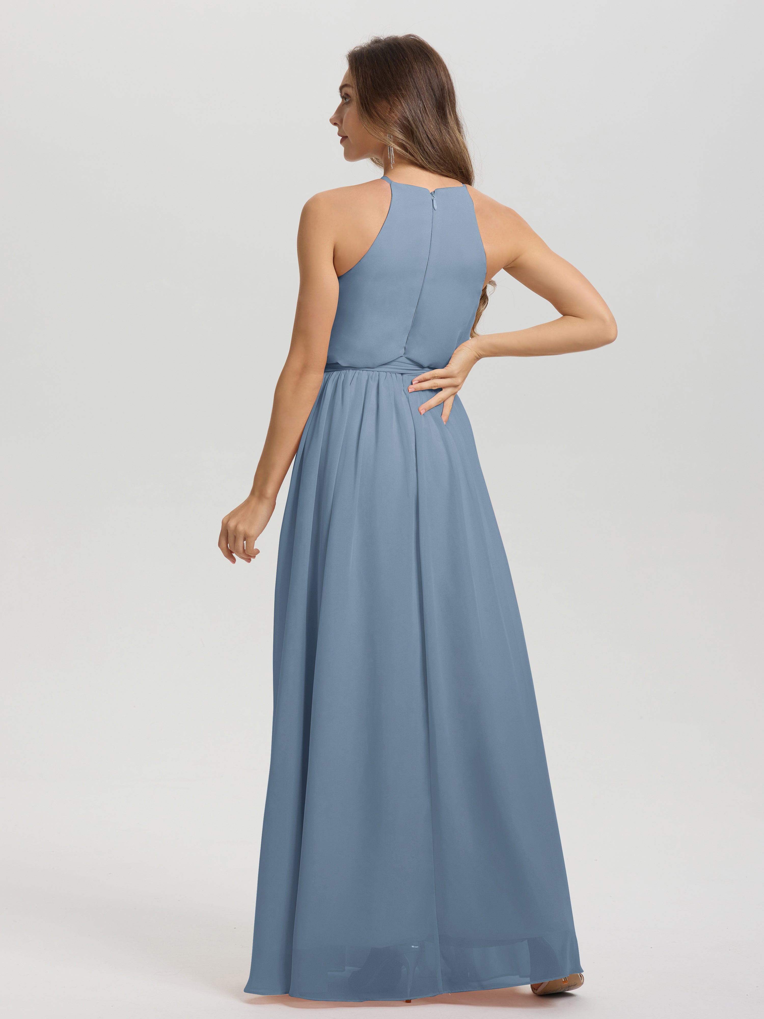 Robes De Demoiselle D'Honneur Bleu De Schiste Licou Trapèze Mousseline Robe Demoiselle D'Honneur