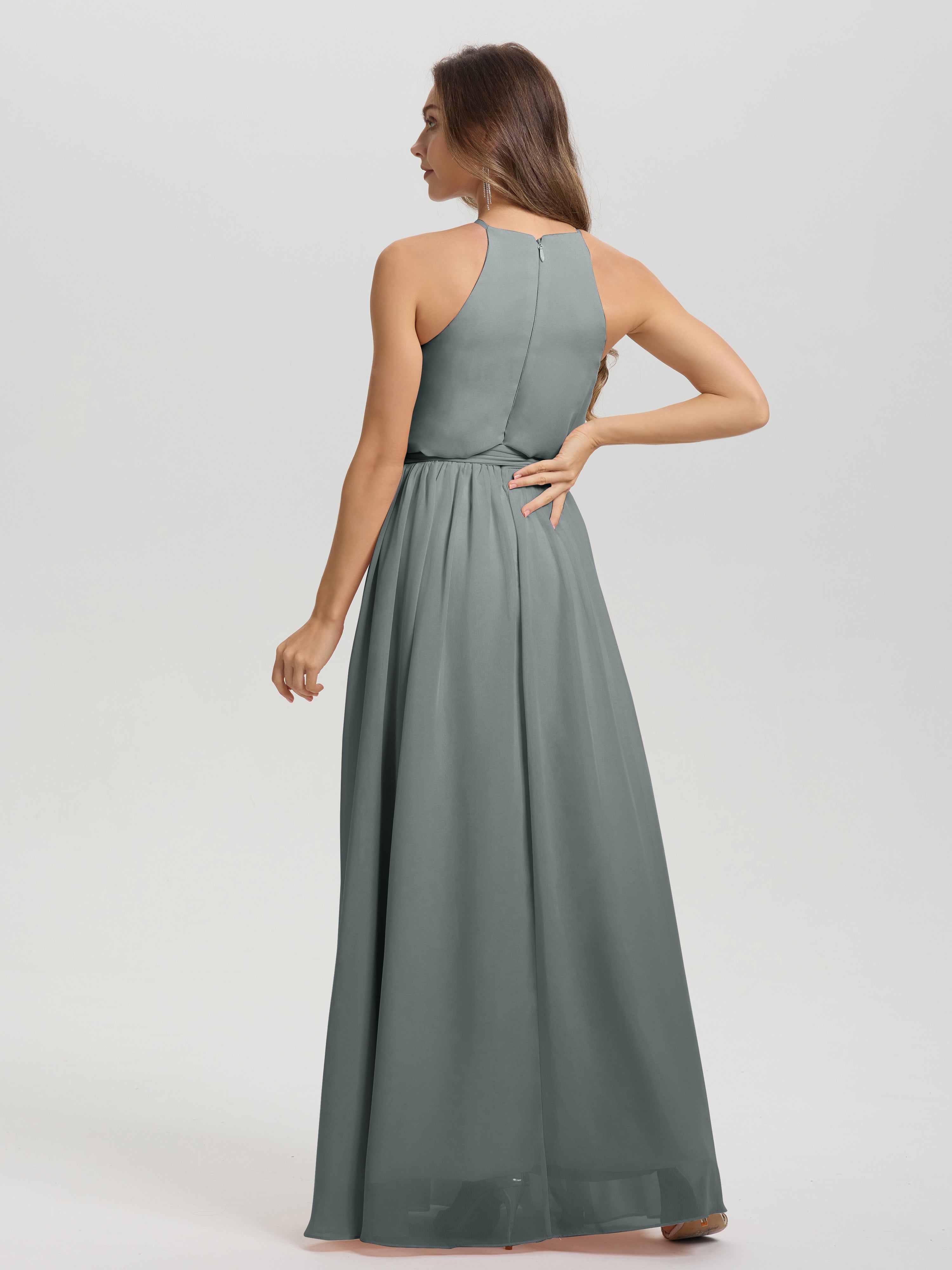 Robe Longue Grise Demoiselle D Honneur Licou Trapèze Mousseline Robe Demoiselle D'Honneur