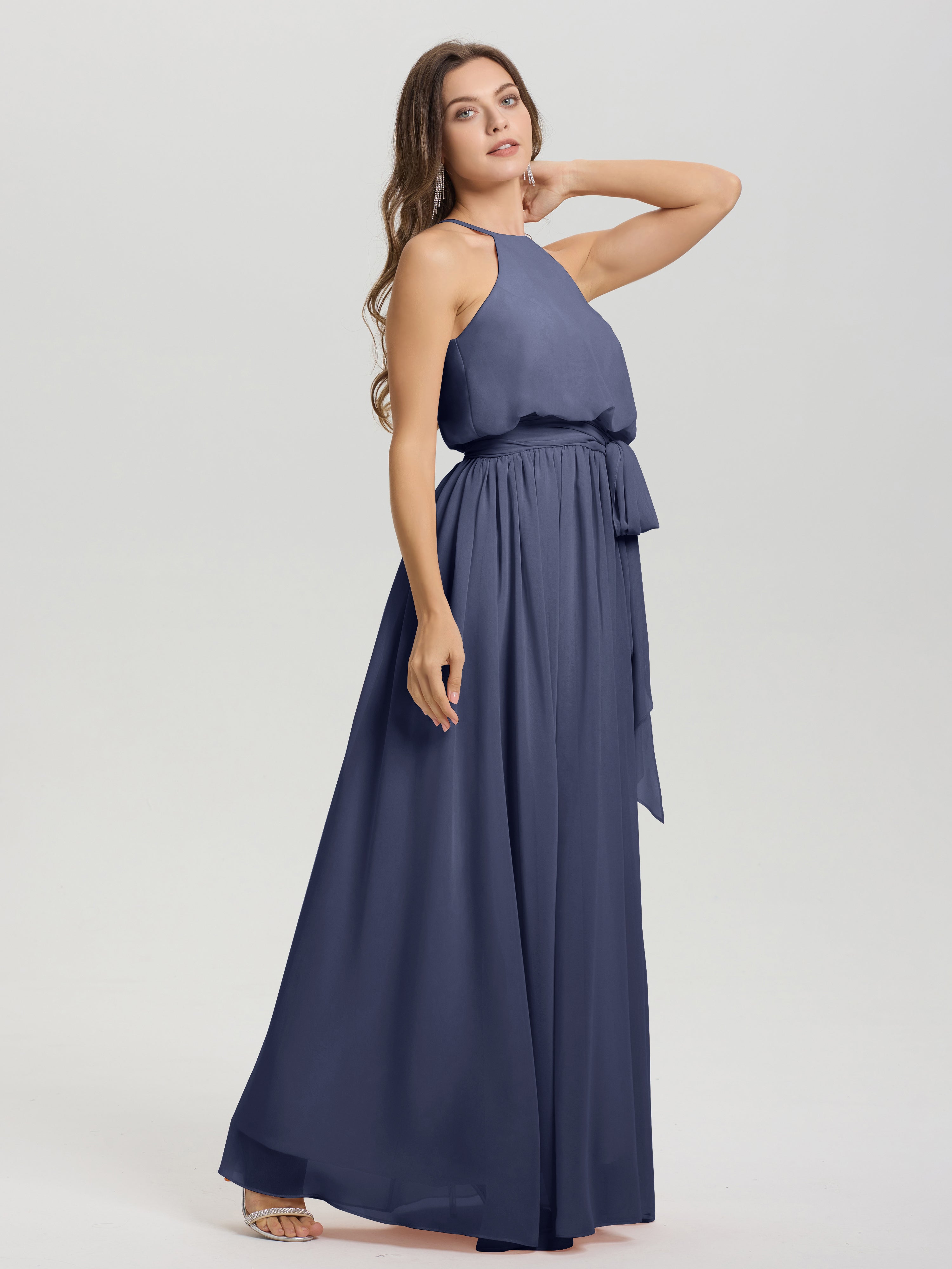 Robes De Demoiselle D'Honneur Bleu Orageux Licou Trapèze Mousseline Robe Demoiselle D'Honneur