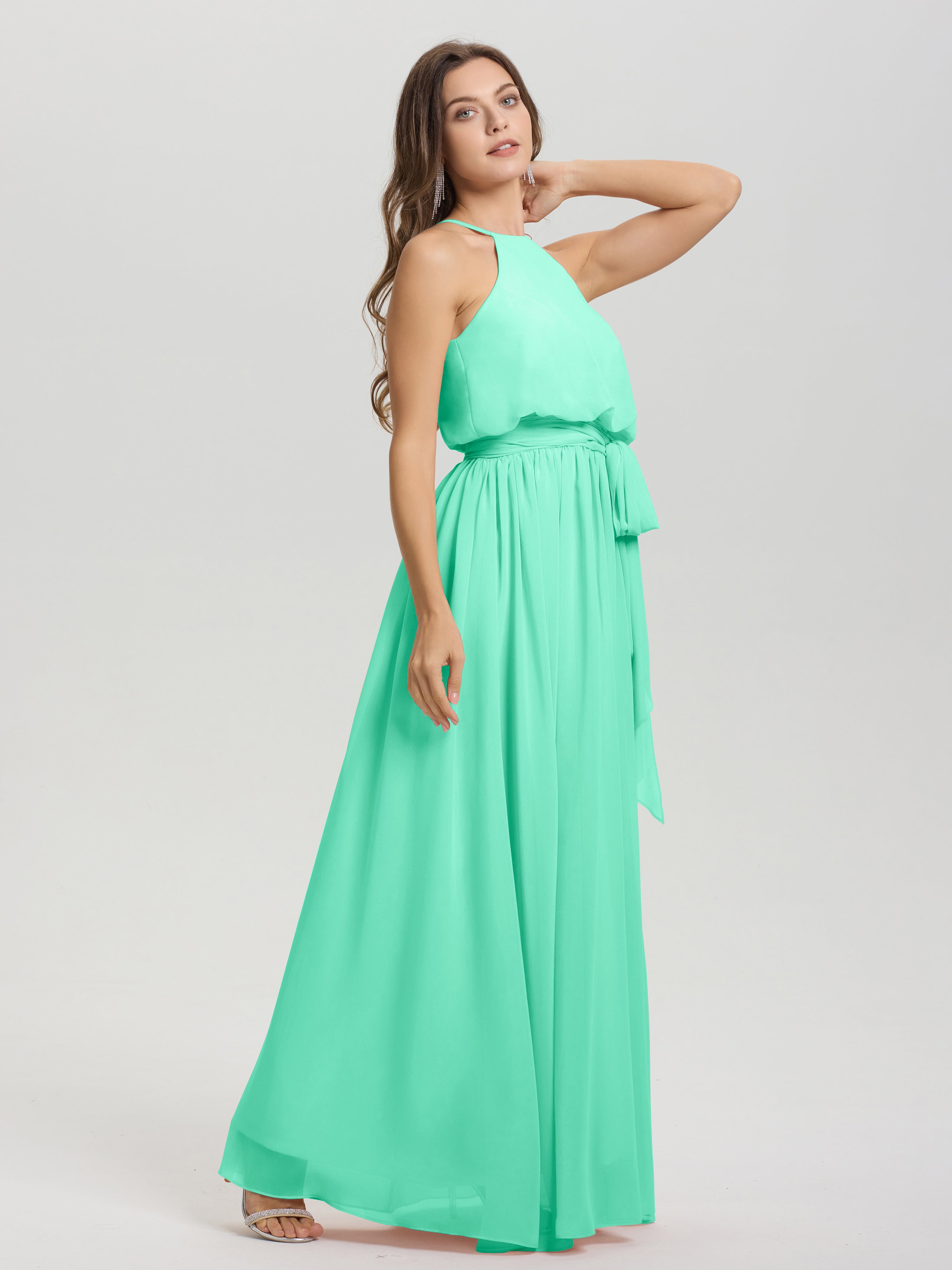 Demoiselle Dhonneur Robe Turquoise Licou Trapèze Mousseline Robe Demoiselle D'Honneur