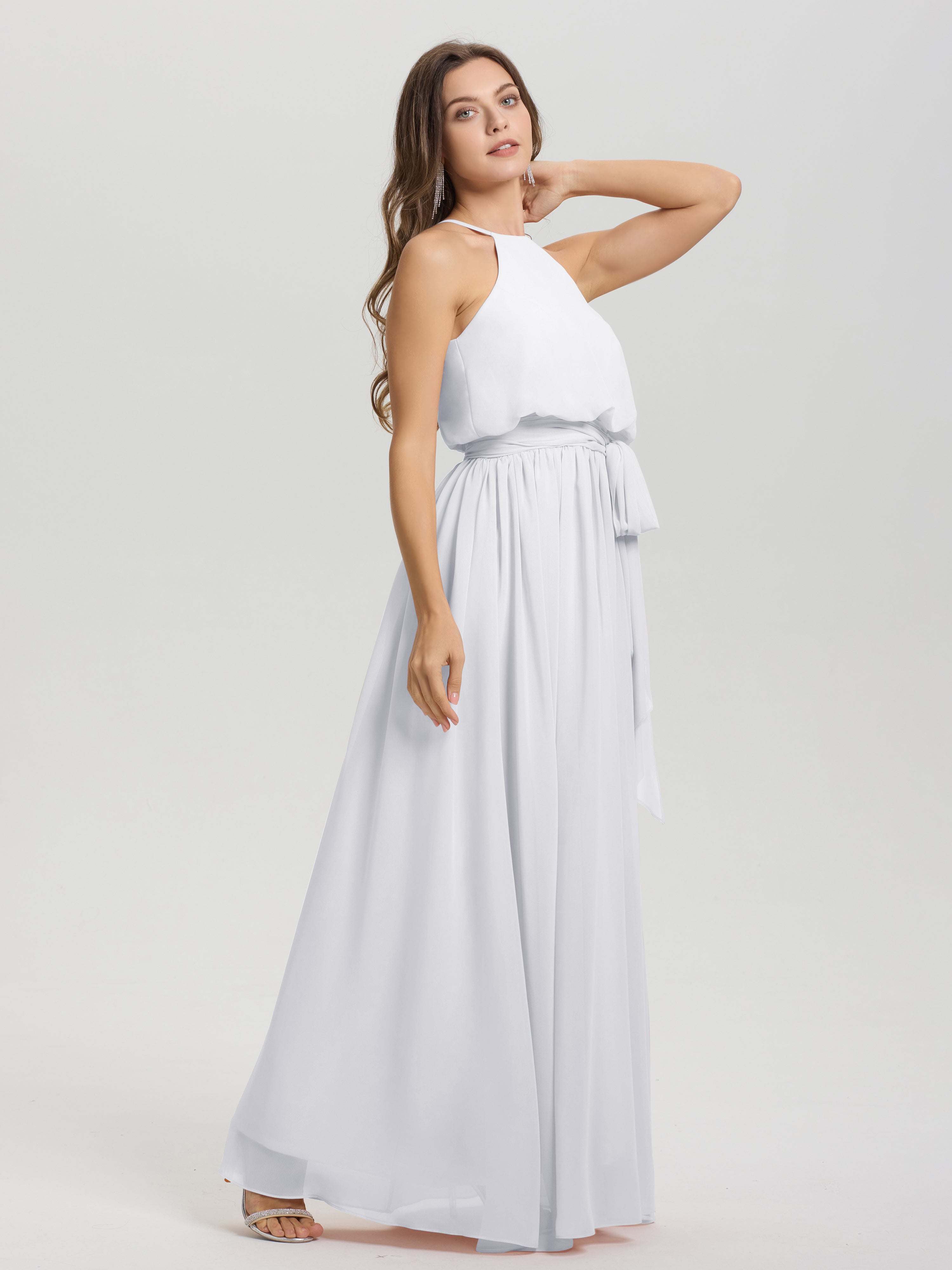 Robes De Demoiselle D'Honneur Blanches Licou Trapèze Mousseline Robe Demoiselle D'Honneur