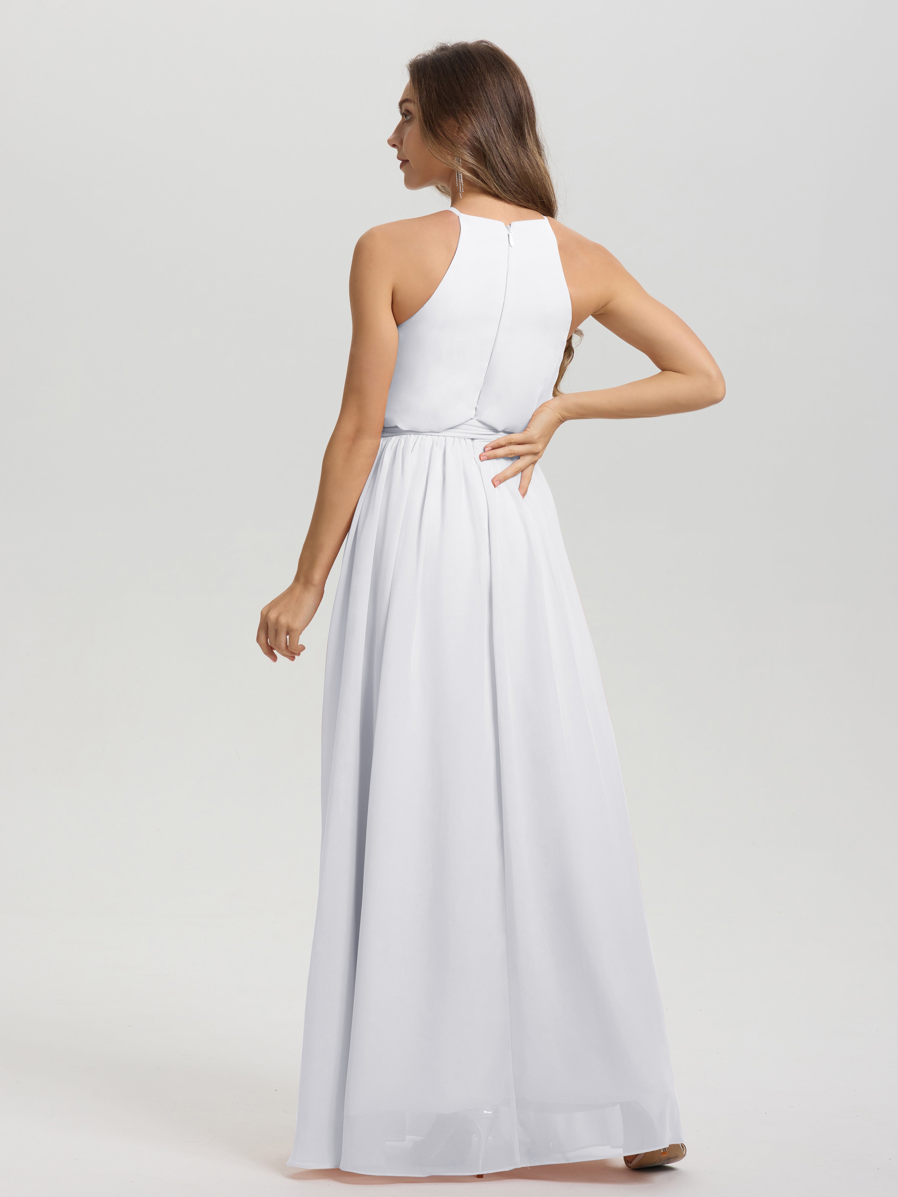 Robes De Demoiselle D'Honneur Blanches Licou Trapèze Mousseline Robe Demoiselle D'Honneur