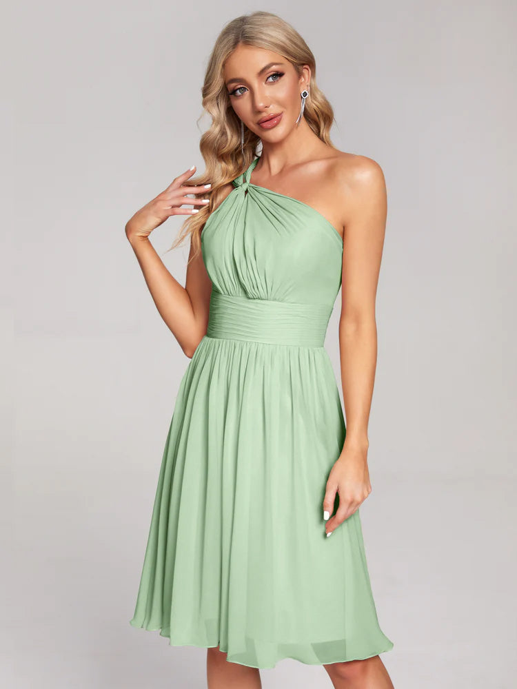 Robe De Demoiselle D'Honneur De Sauge Poussiéreuse Au Sol Longueur Genou Seule-Épaule Mousseline Robes Demoiselle D'Honneur
