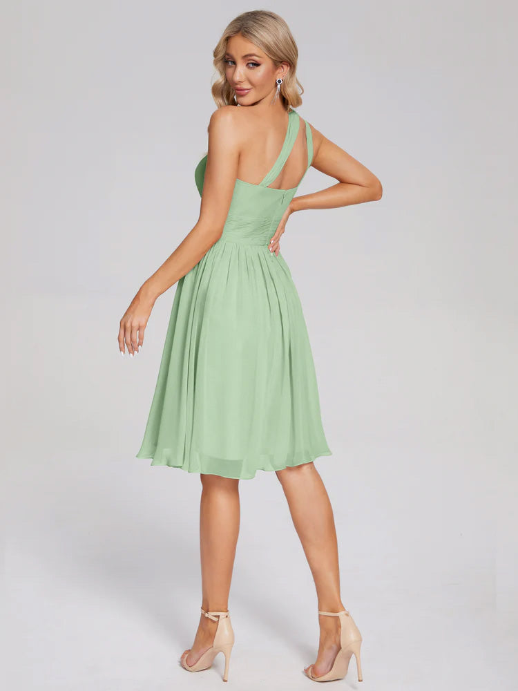 Robe De Demoiselle D'Honneur De Sauge Poussiéreuse Au Sol Longueur Genou Seule-Épaule Mousseline Robes Demoiselle D'Honneur