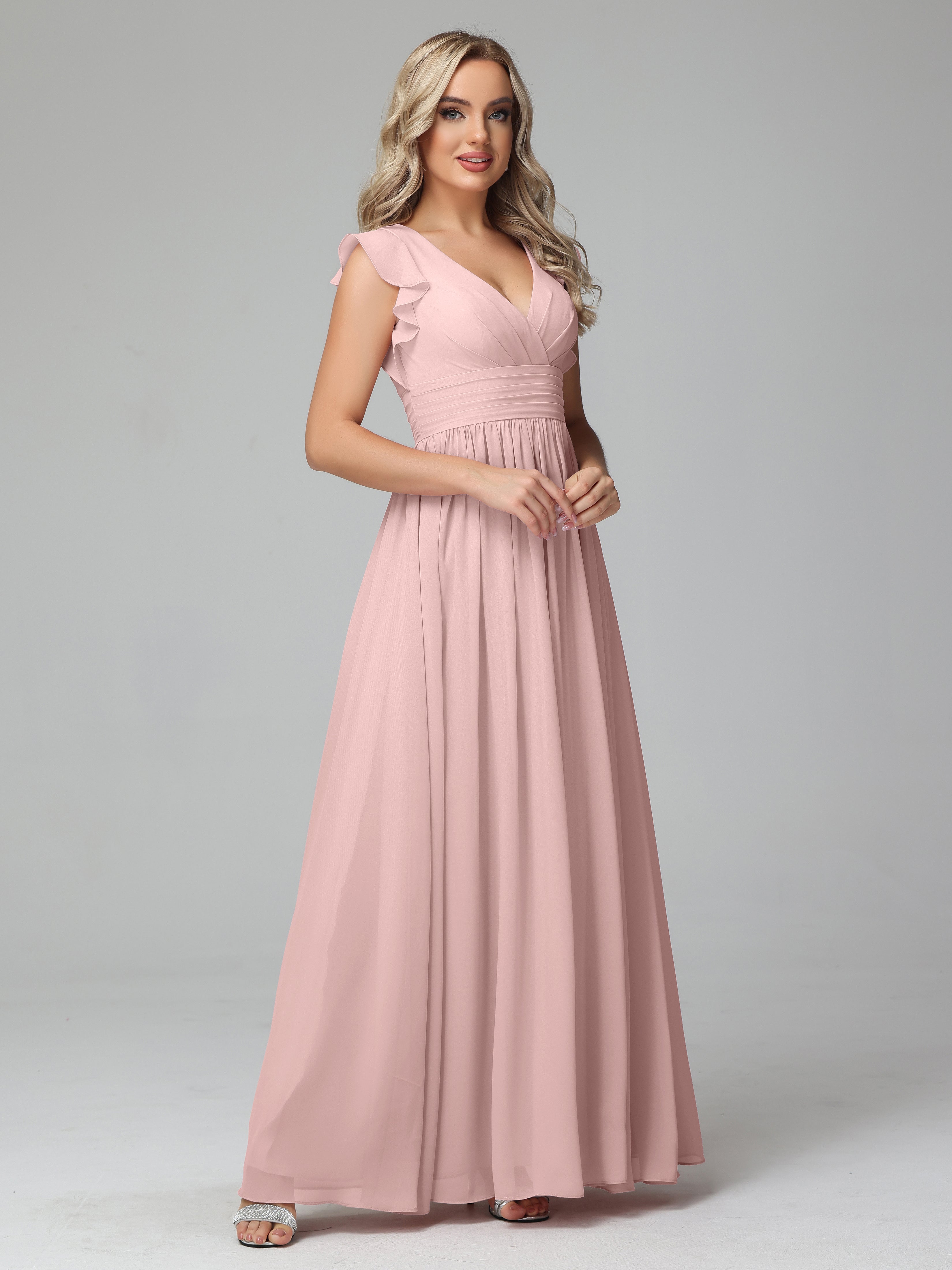 Bonnie Trapèze Mousseline Longue Robes Demoiselle d'Honneur en ROSE_POUDRE