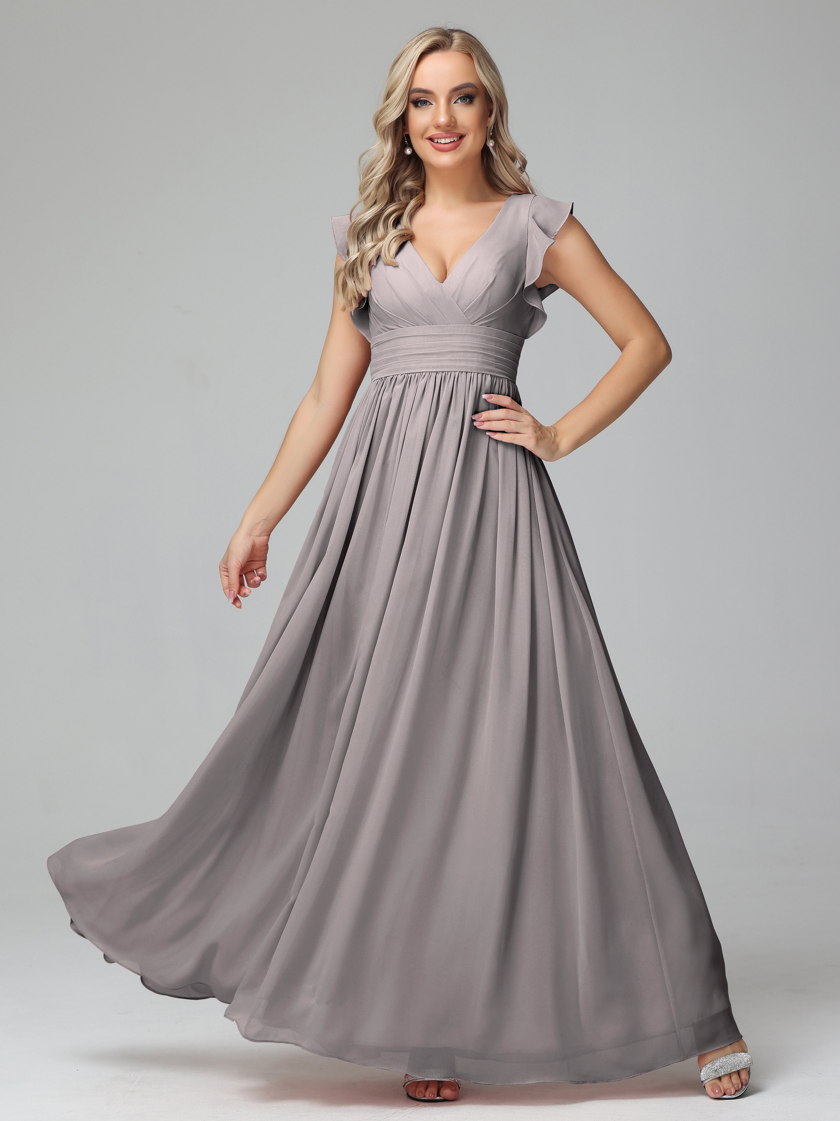 Robes De Demoiselle D'Honneur En Argent Trapèze Mousseline Longue Robes Demoiselle D'Honneur