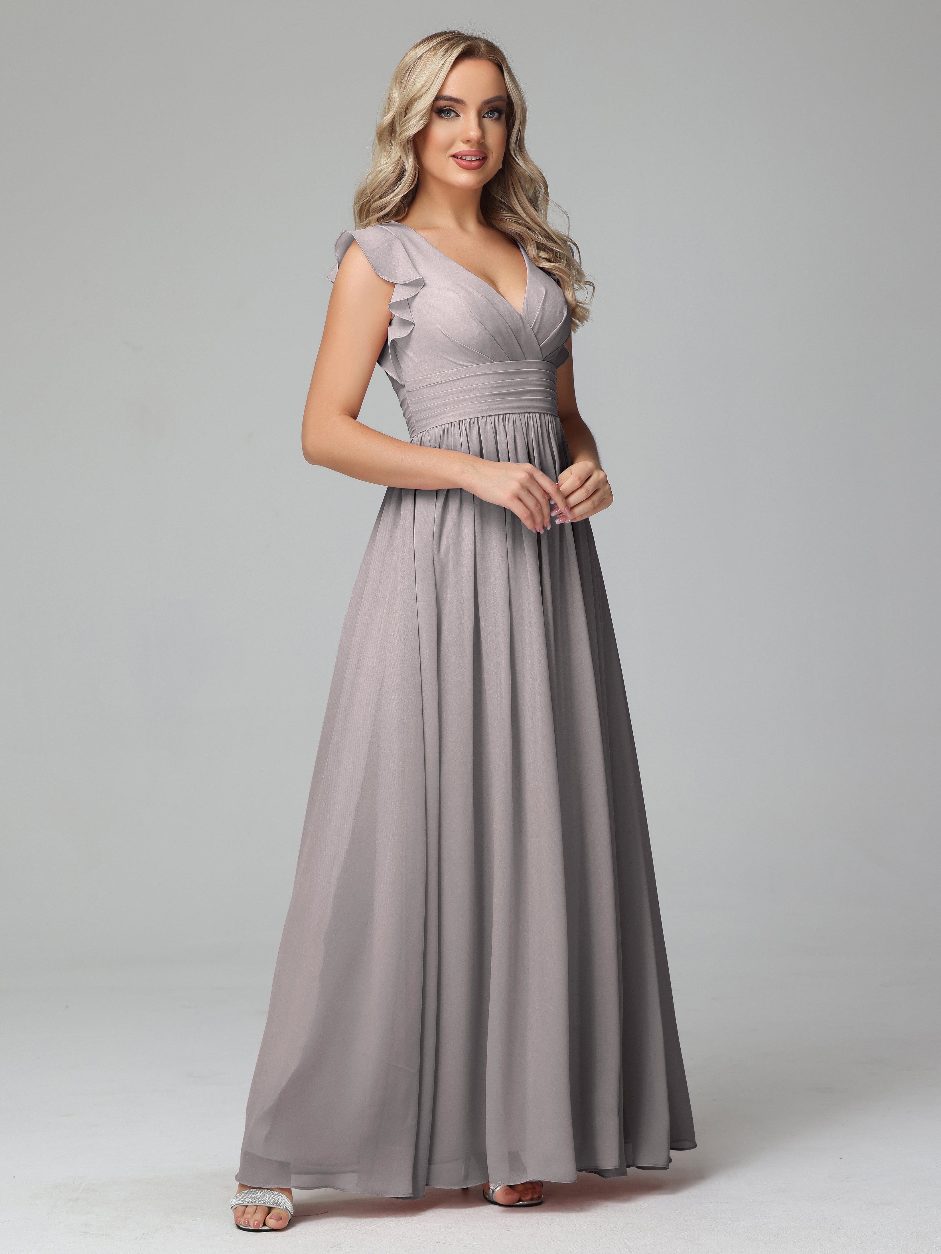 Robes De Demoiselle D'Honneur En Argent Trapèze Mousseline Longue Robes Demoiselle D'Honneur