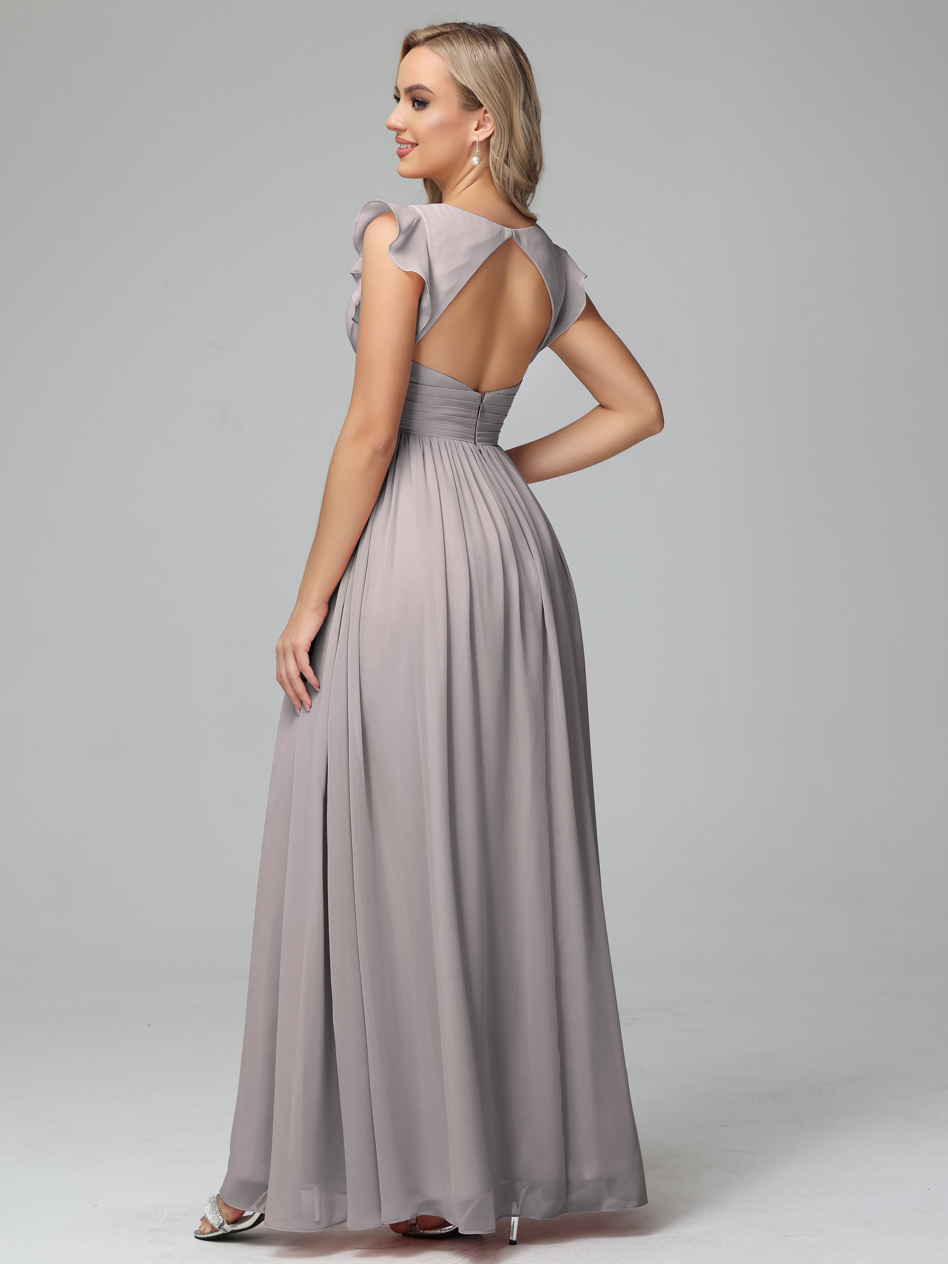 Robes De Demoiselle D'Honneur En Argent Trapèze Mousseline Longue Robes Demoiselle D'Honneur