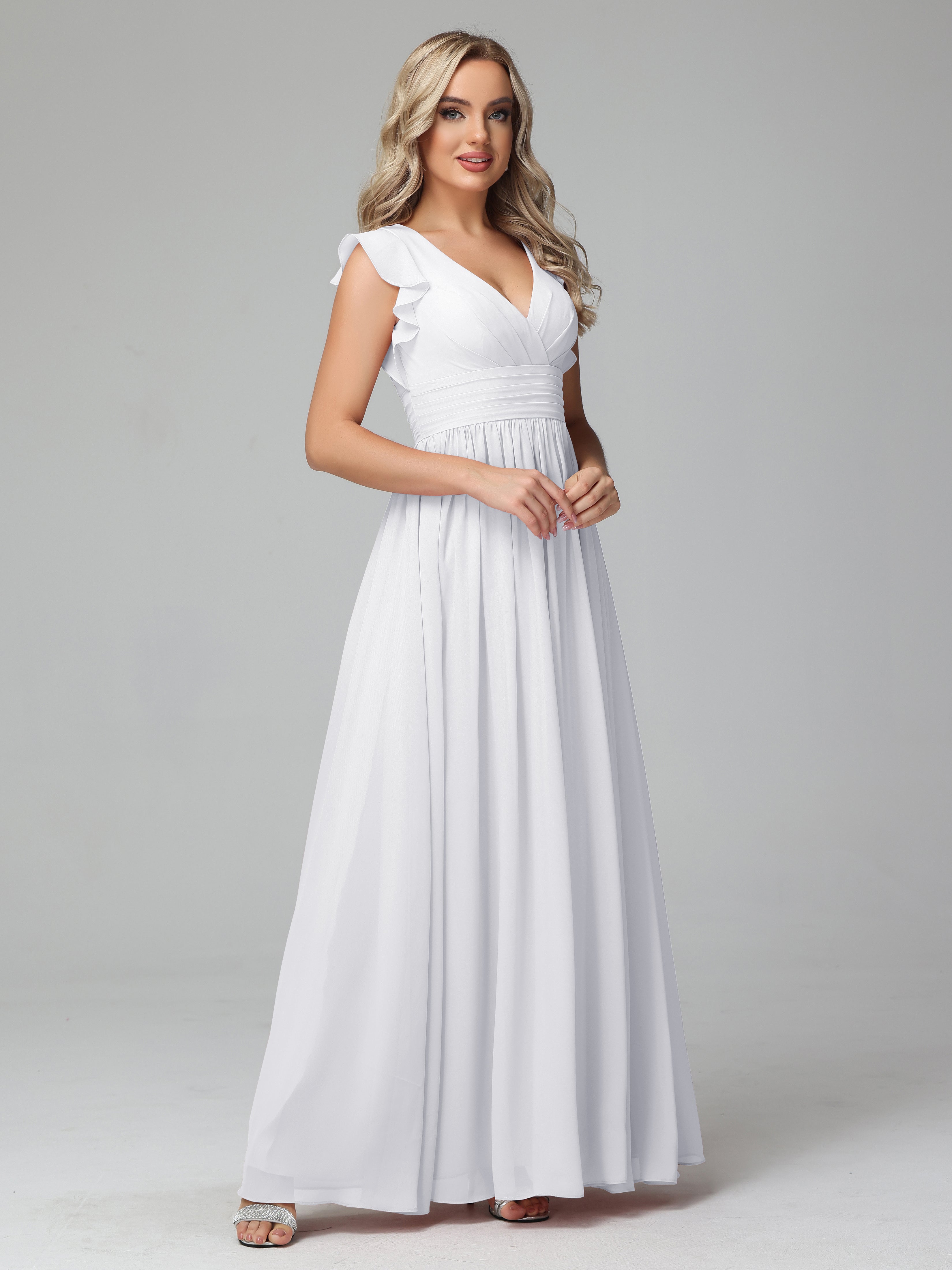 Longues Robes De Demoiselle D'Honneur Blanches Trapèze Mousseline Longue Robes Demoiselle D'Honneur