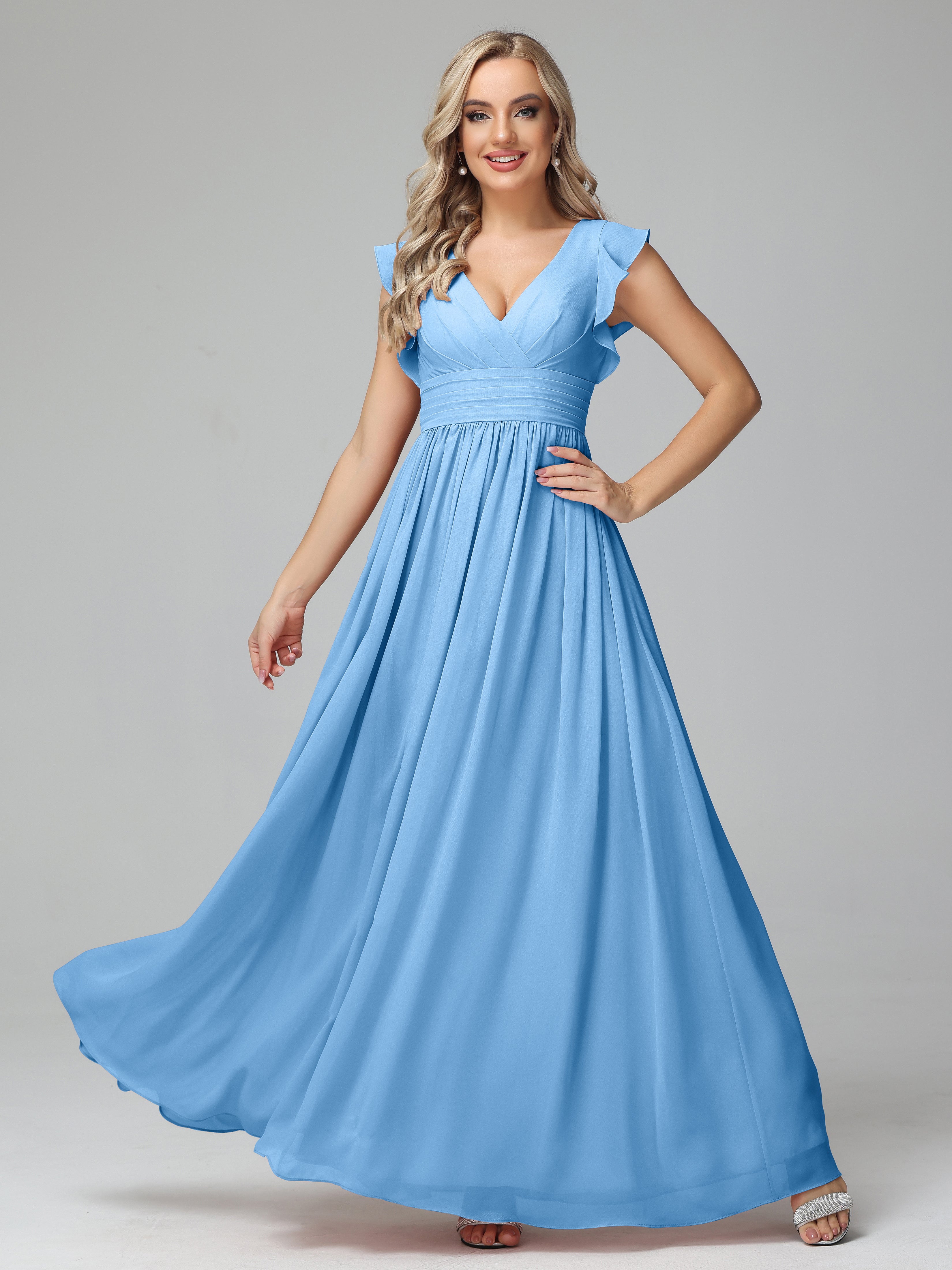 Robe Demoiselle D Honneur Bleu Trapèze Mousseline Longue Robes Demoiselle D'Honneur