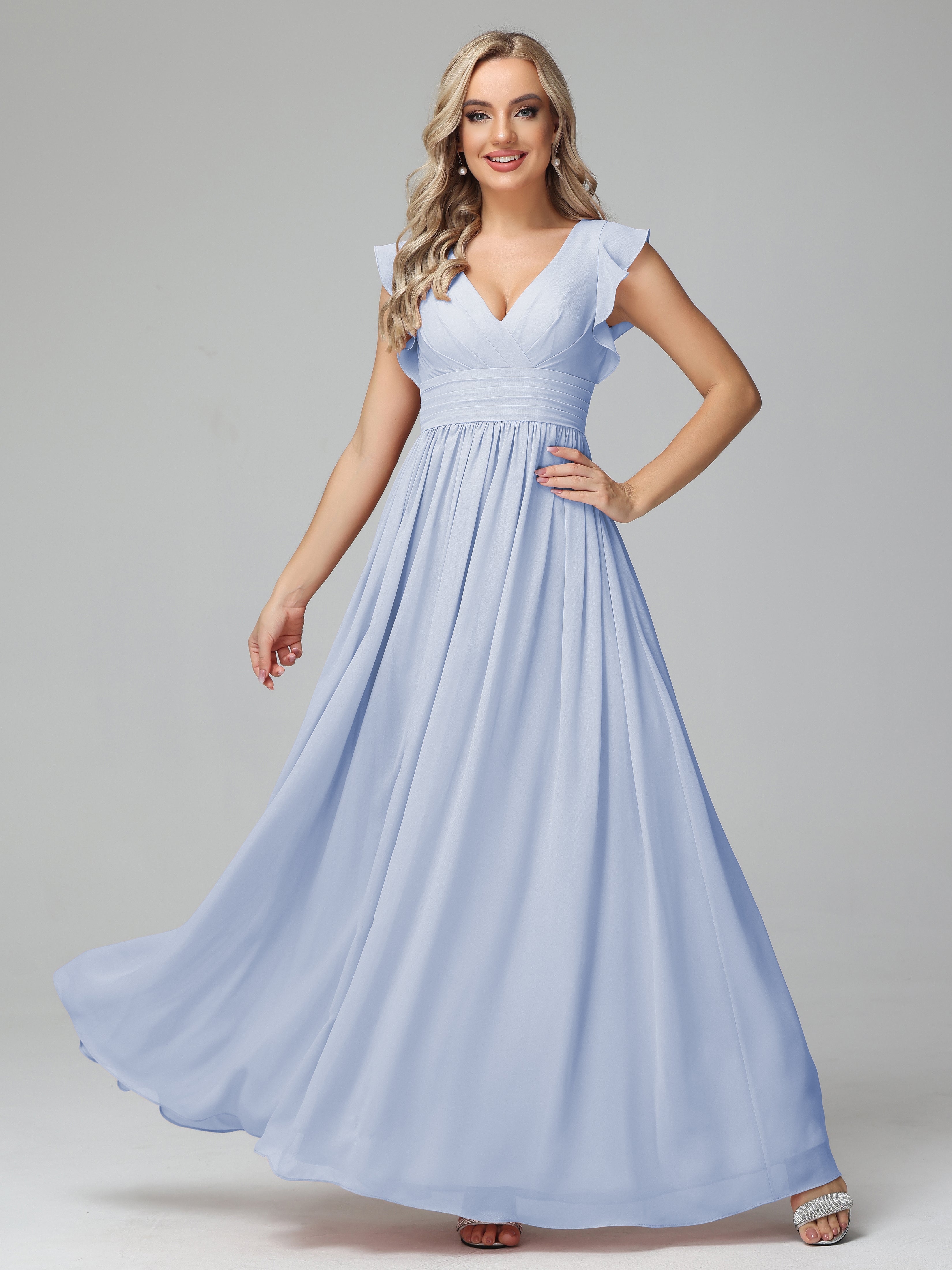 Robes De Demoiselle D'Honneur Bleu Ciel Trapèze Mousseline Longue Robes Demoiselle D'Honneur