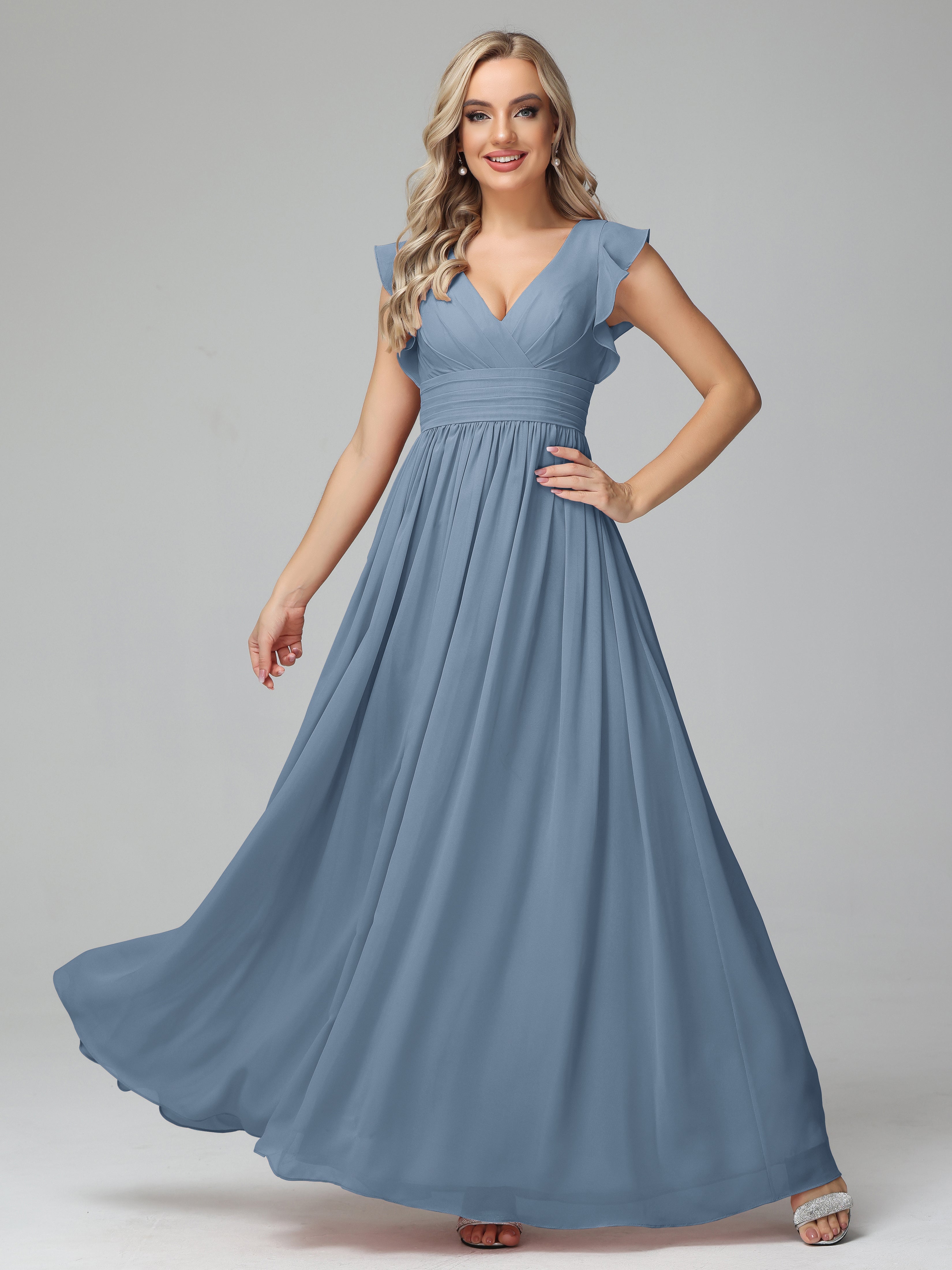 Robes De Demoiselle D'Honneur Bleu De Schiste Trapèze Mousseline Longue Robes Demoiselle D'Honneur