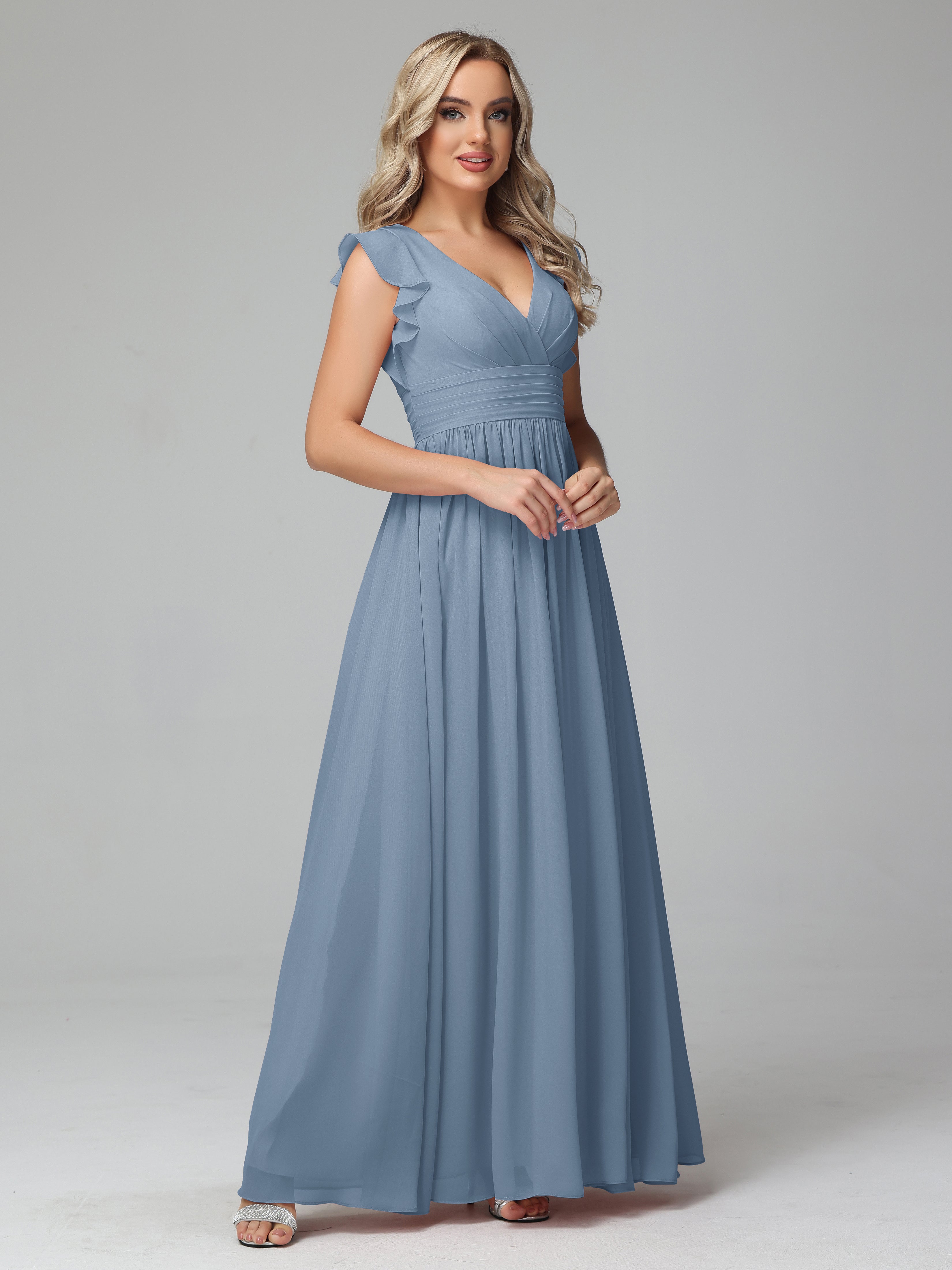 Robes De Demoiselle D'Honneur Bleu De Schiste Trapèze Mousseline Longue Robes Demoiselle D'Honneur