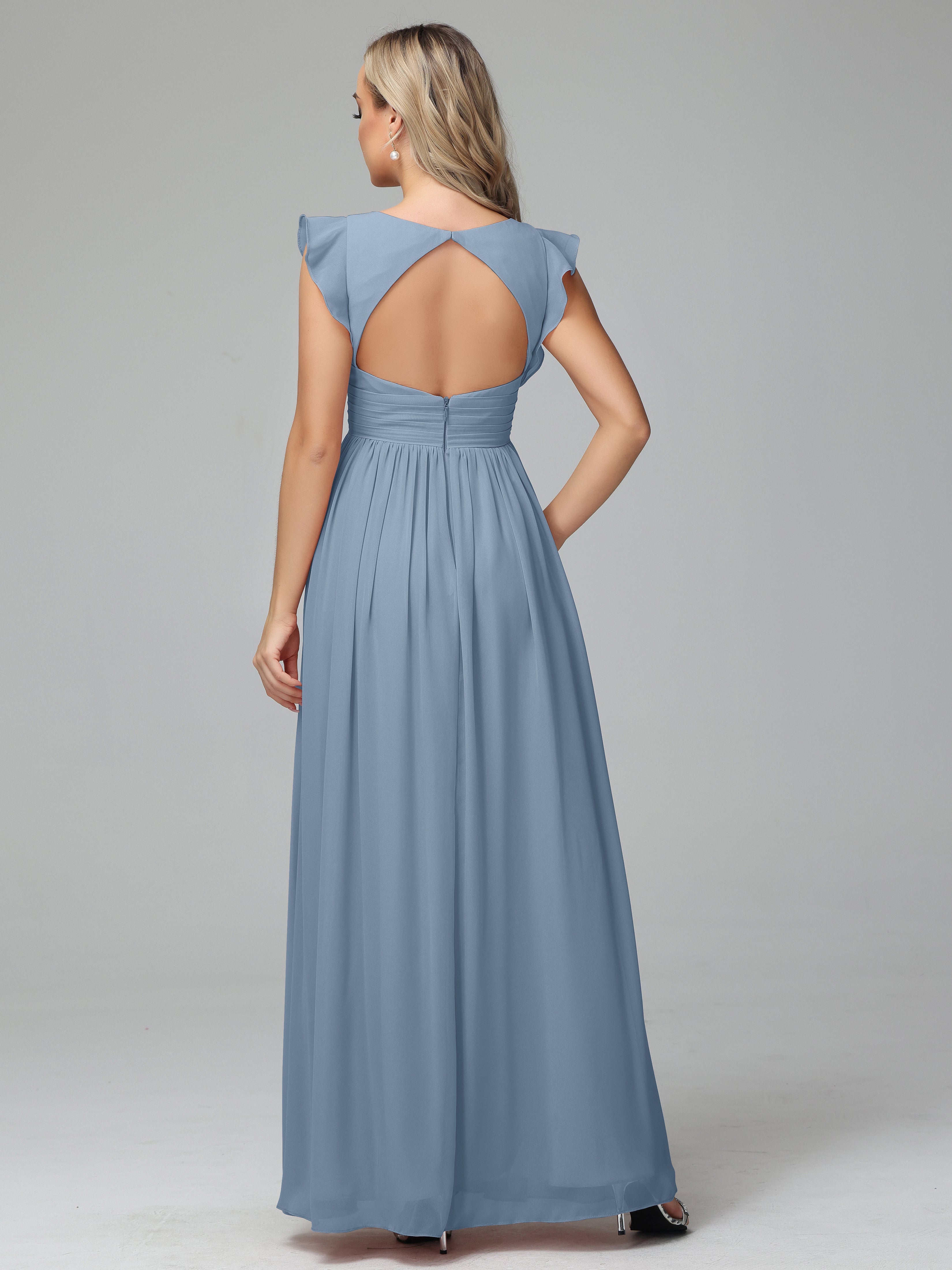 Robes De Demoiselle D'Honneur Bleu De Schiste Trapèze Mousseline Longue Robes Demoiselle D'Honneur