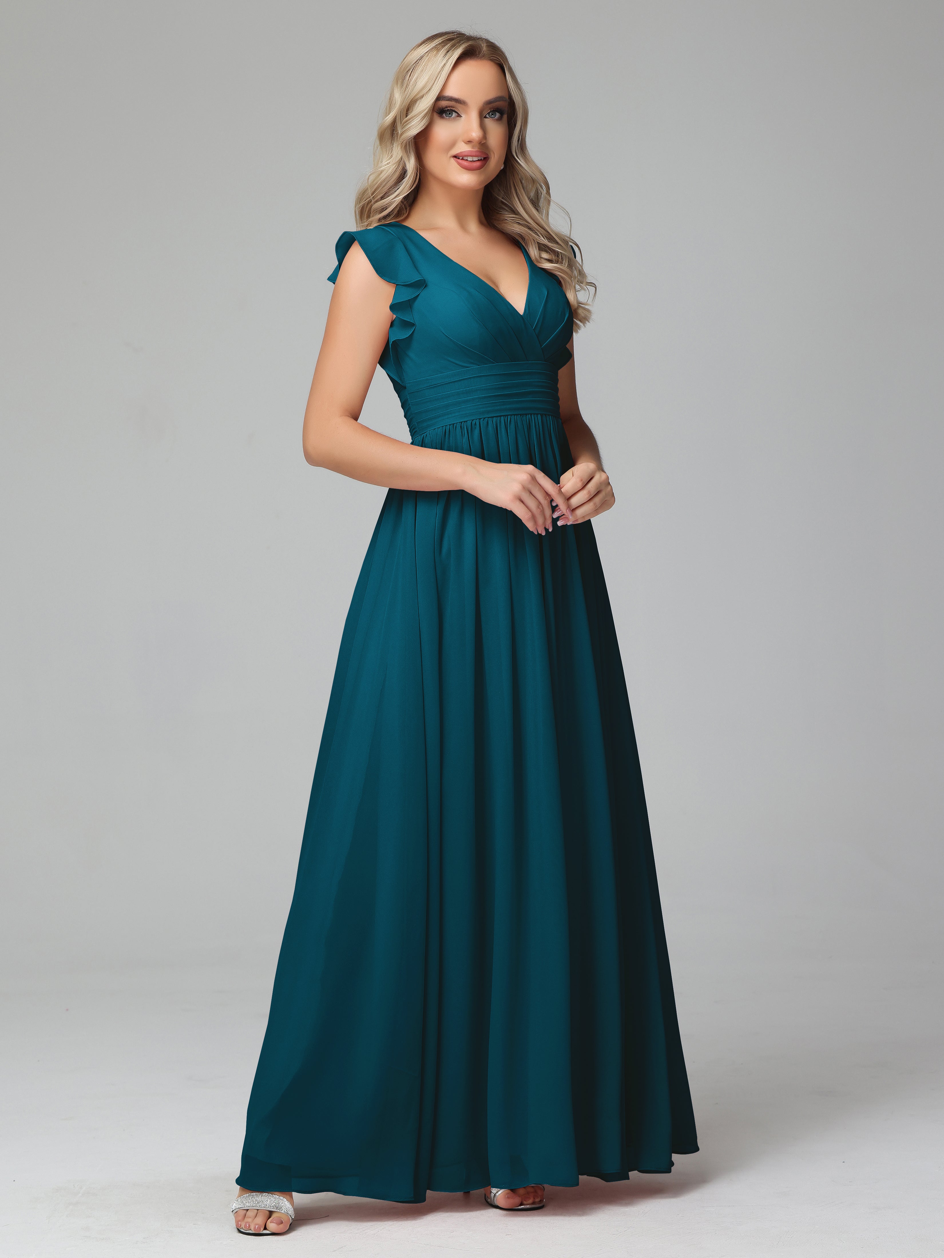 Robe De Demoiselle D'Honneur Bleu Encre Trapèze Mousseline Longue Robes Demoiselle D'Honneur