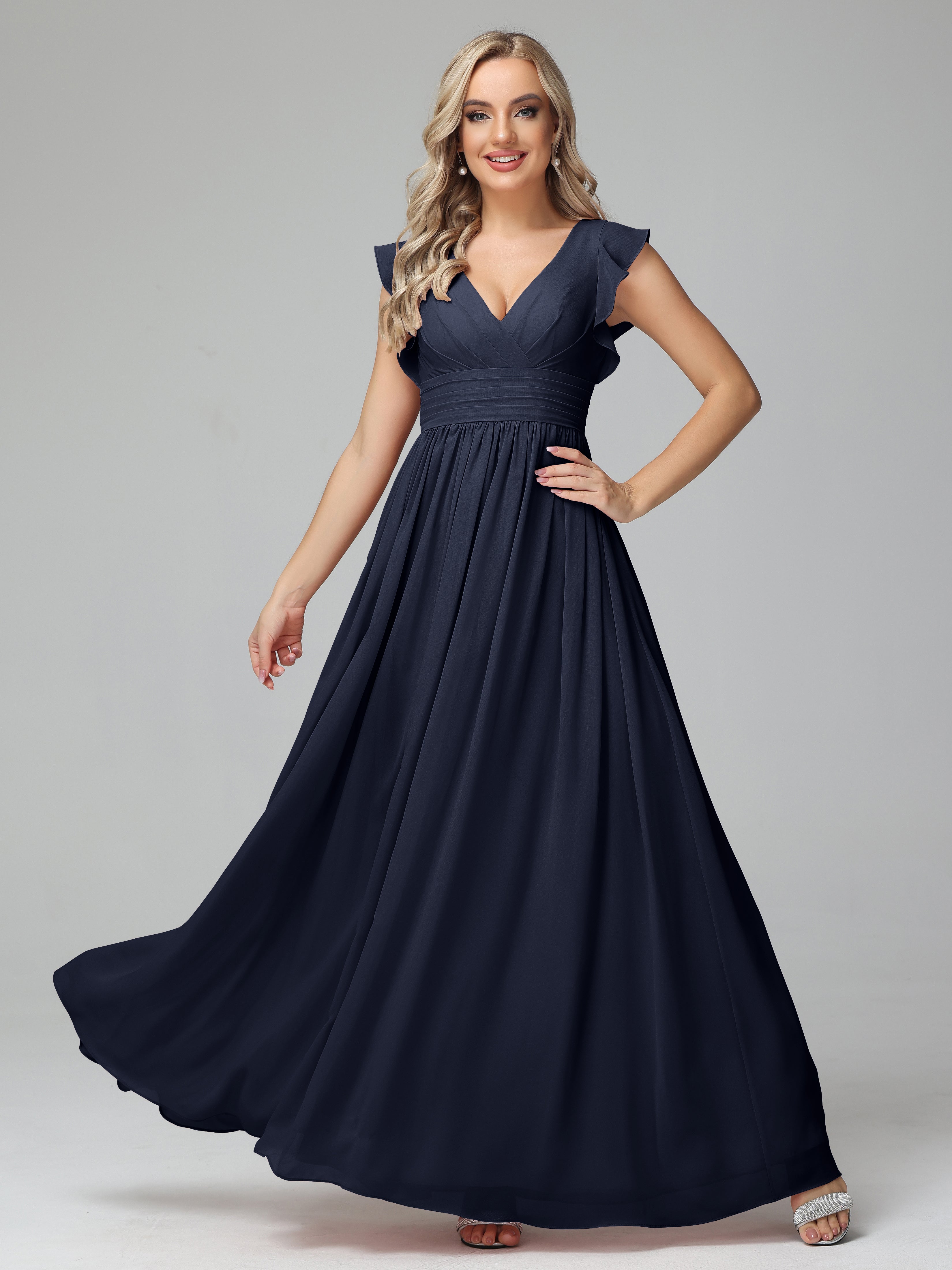 Robes De Demoiselle D'Honneur Bleu Marine Modestes Trapèze Mousseline Longue Robes Demoiselle D'Honneur