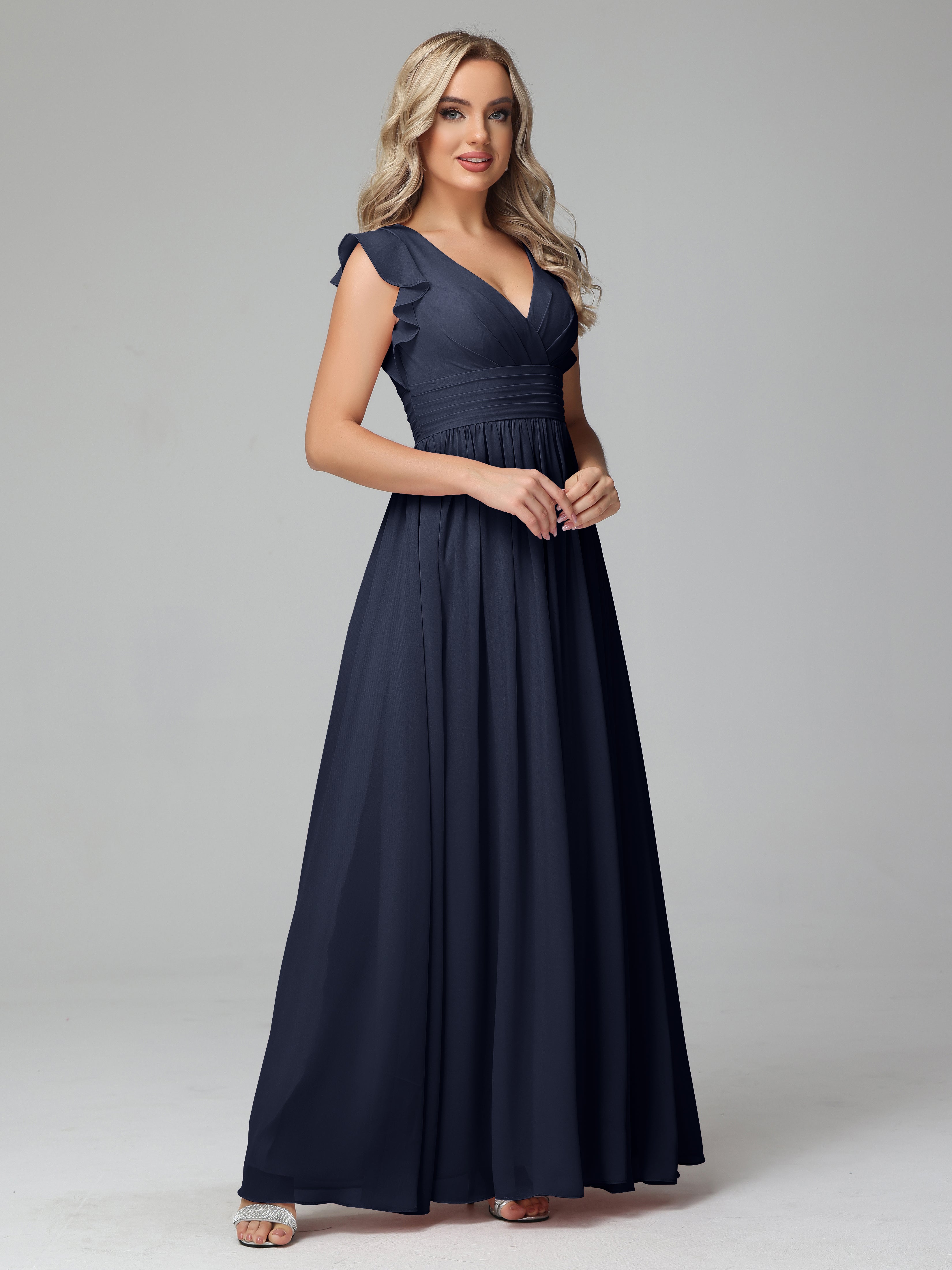 Robes De Demoiselle D'Honneur Bleu Marine Modestes Trapèze Mousseline Longue Robes Demoiselle D'Honneur