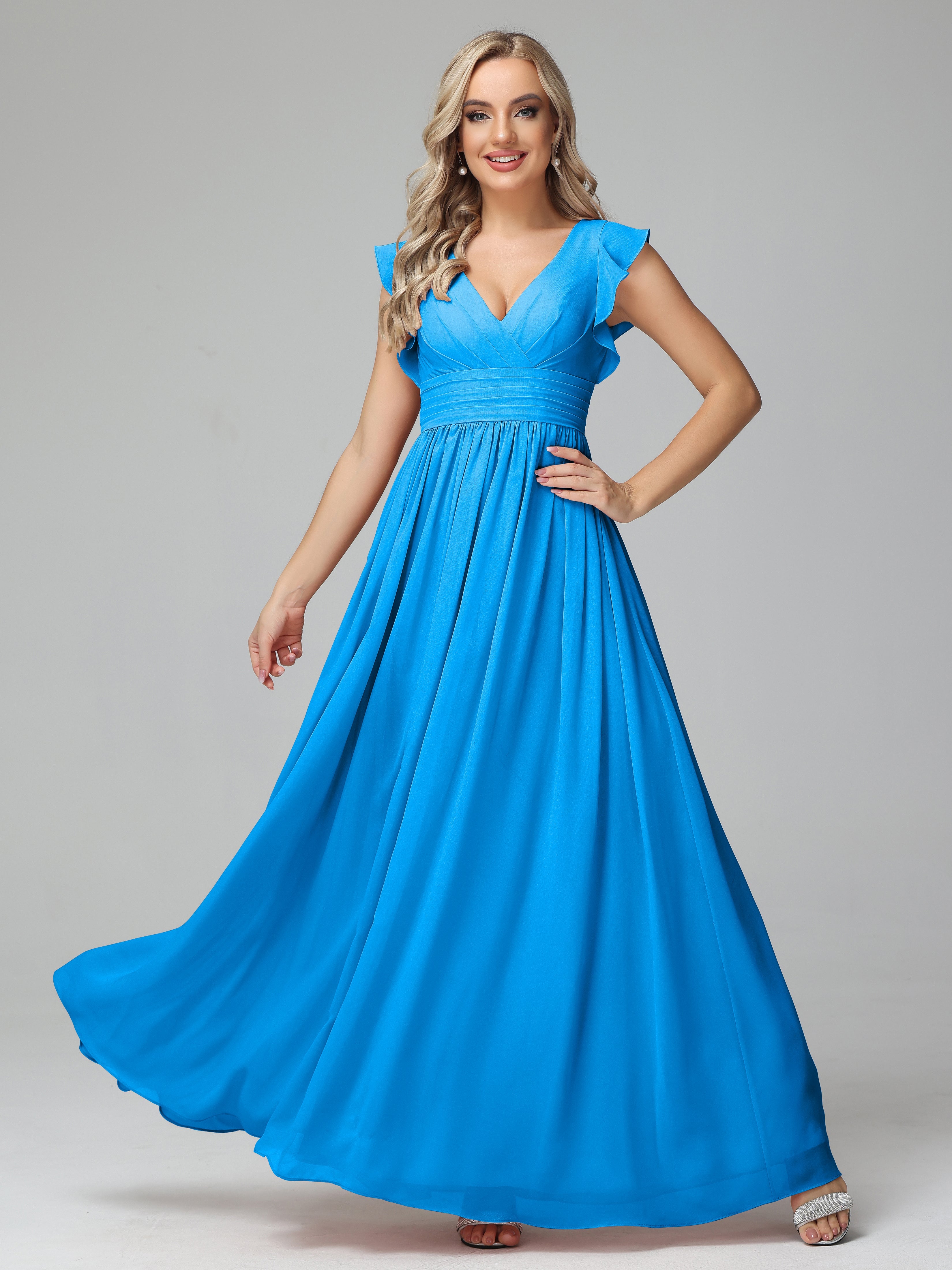 Robes De Demoiselle D'Honneur Bleu Océan Trapèze Mousseline Longue Robes Demoiselle D'Honneur