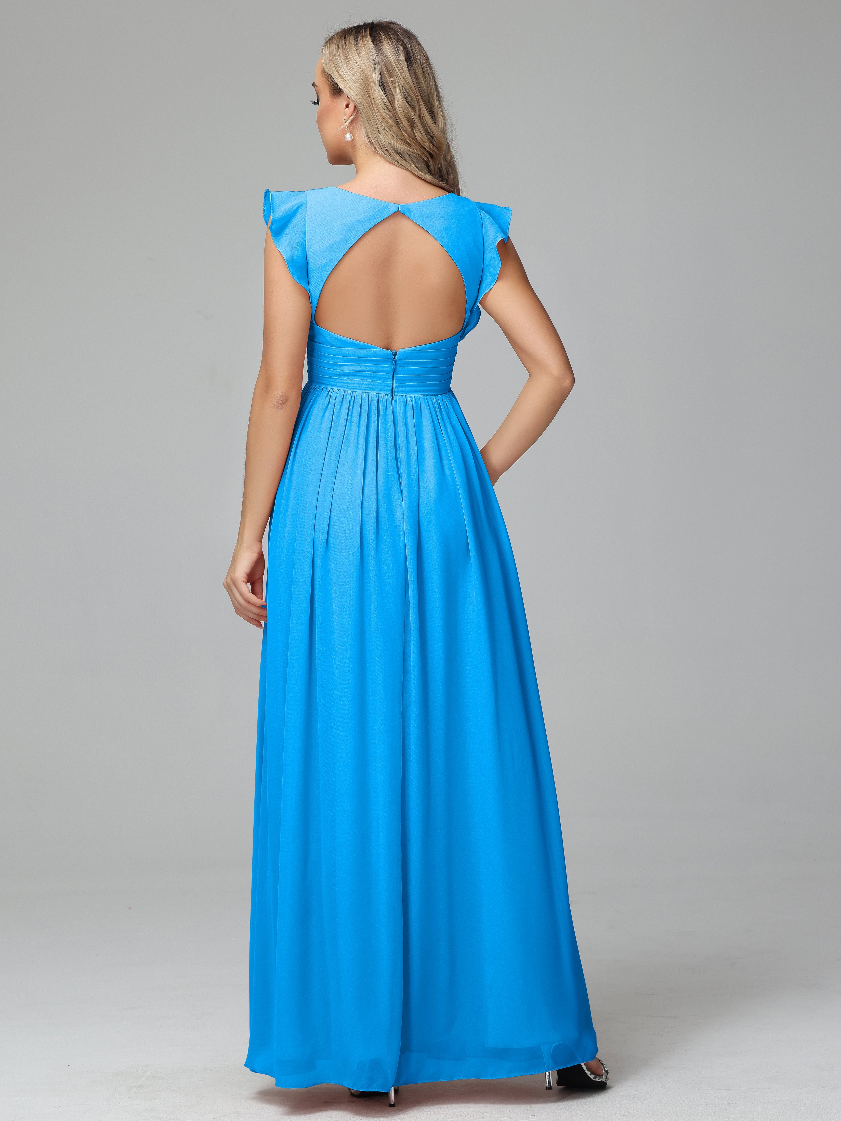 Robes De Demoiselle D'Honneur Bleu Océan Trapèze Mousseline Longue Robes Demoiselle D'Honneur