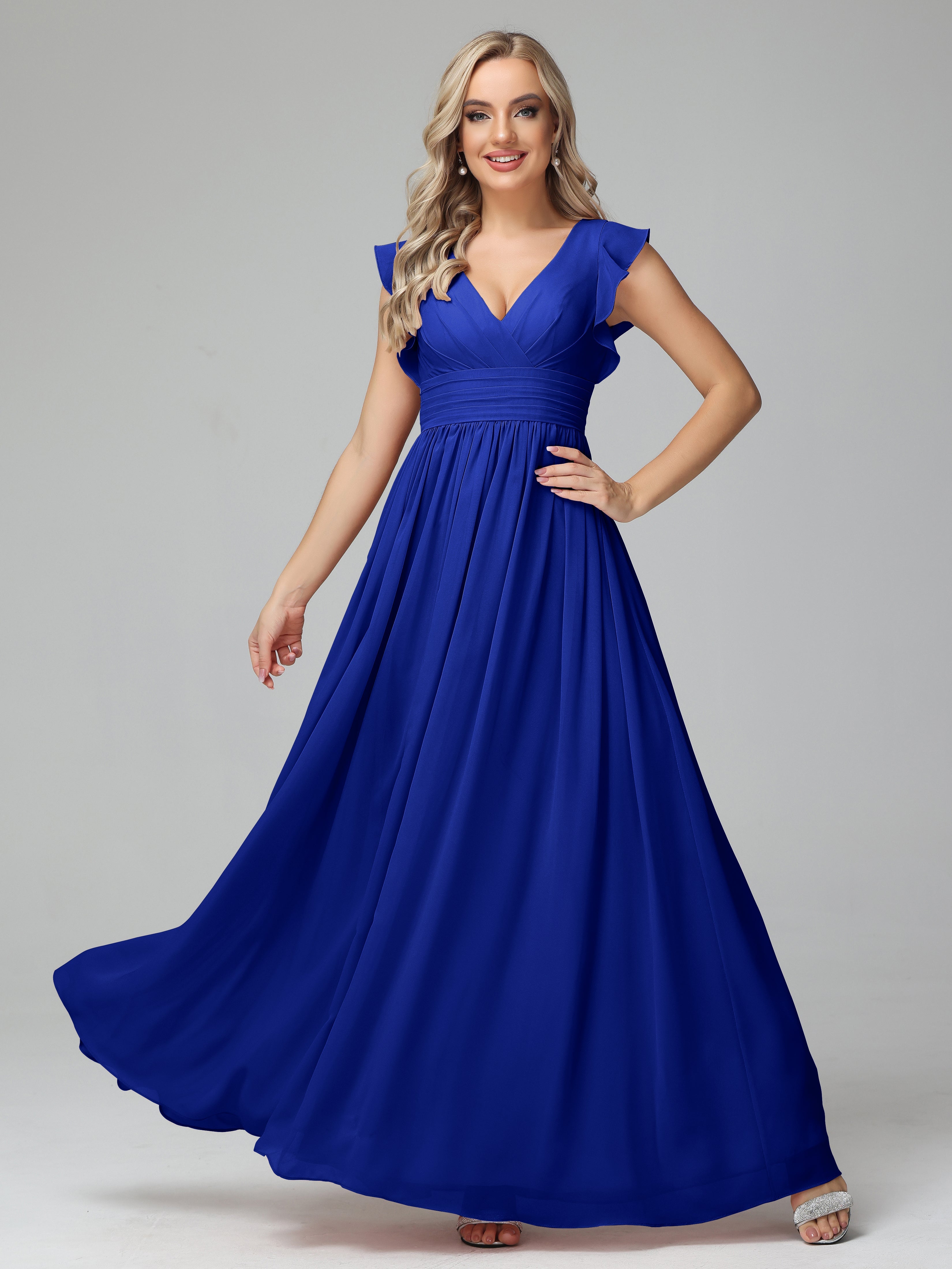 Robes De Demoiselle D'Honneur Bleu Royal Trapèze Mousseline Longue Robes Demoiselle D'Honneur