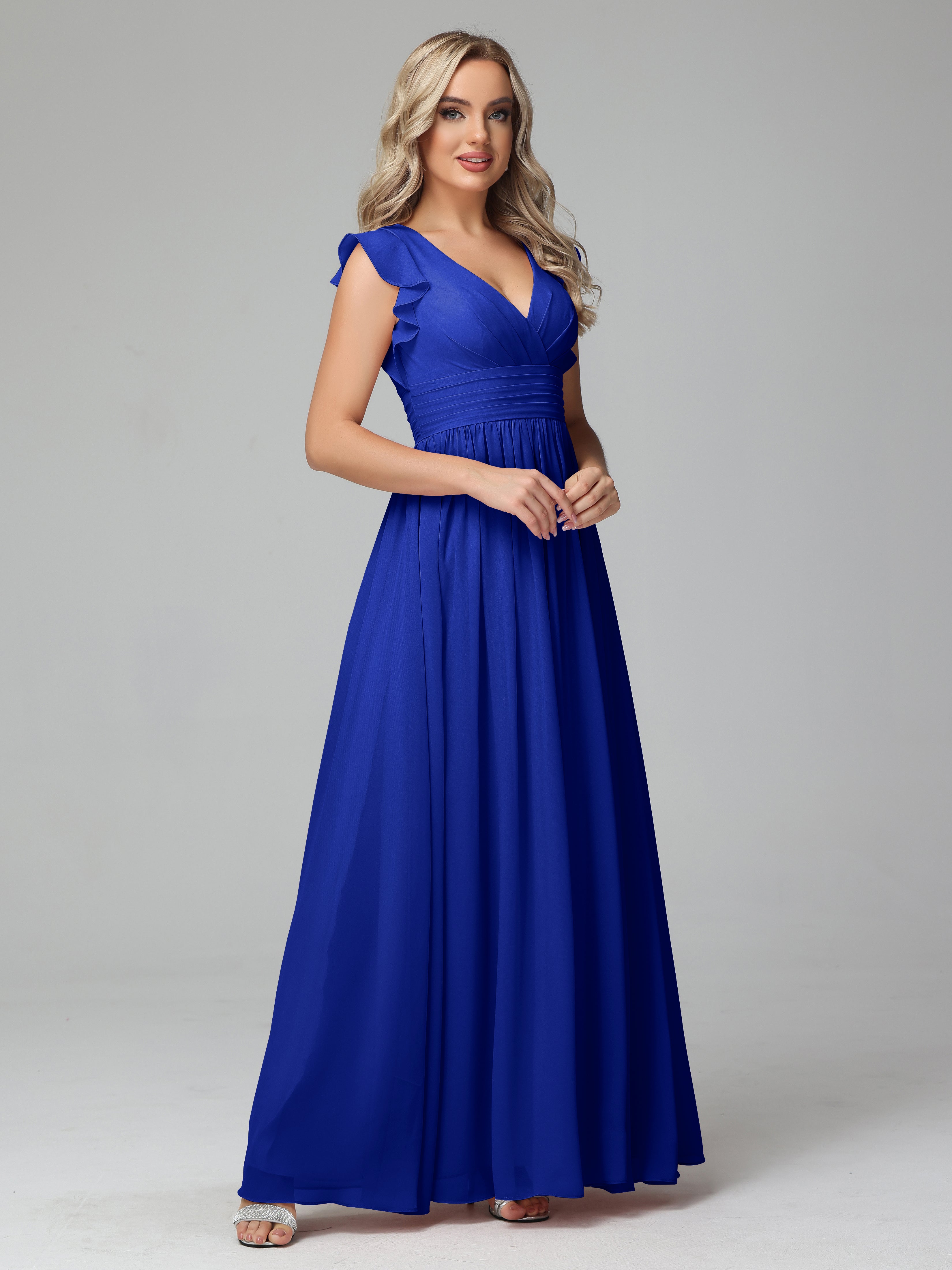 Robes De Demoiselle D'Honneur Bleu Royal Trapèze Mousseline Longue Robes Demoiselle D'Honneur