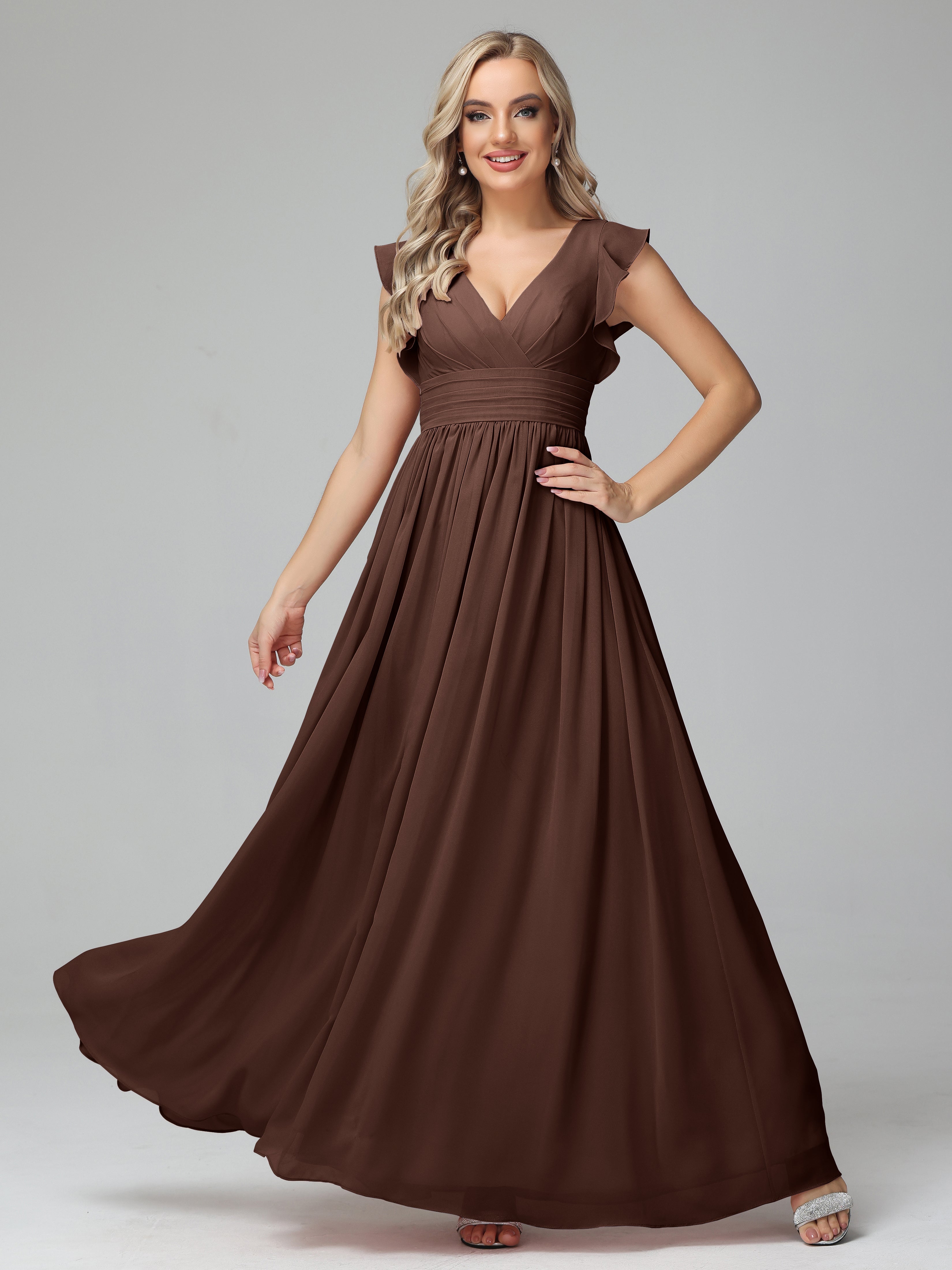 Robes De Demoiselle D'Honneur En Chocolat Trapèze Mousseline Longue Robes Demoiselle D'Honneur