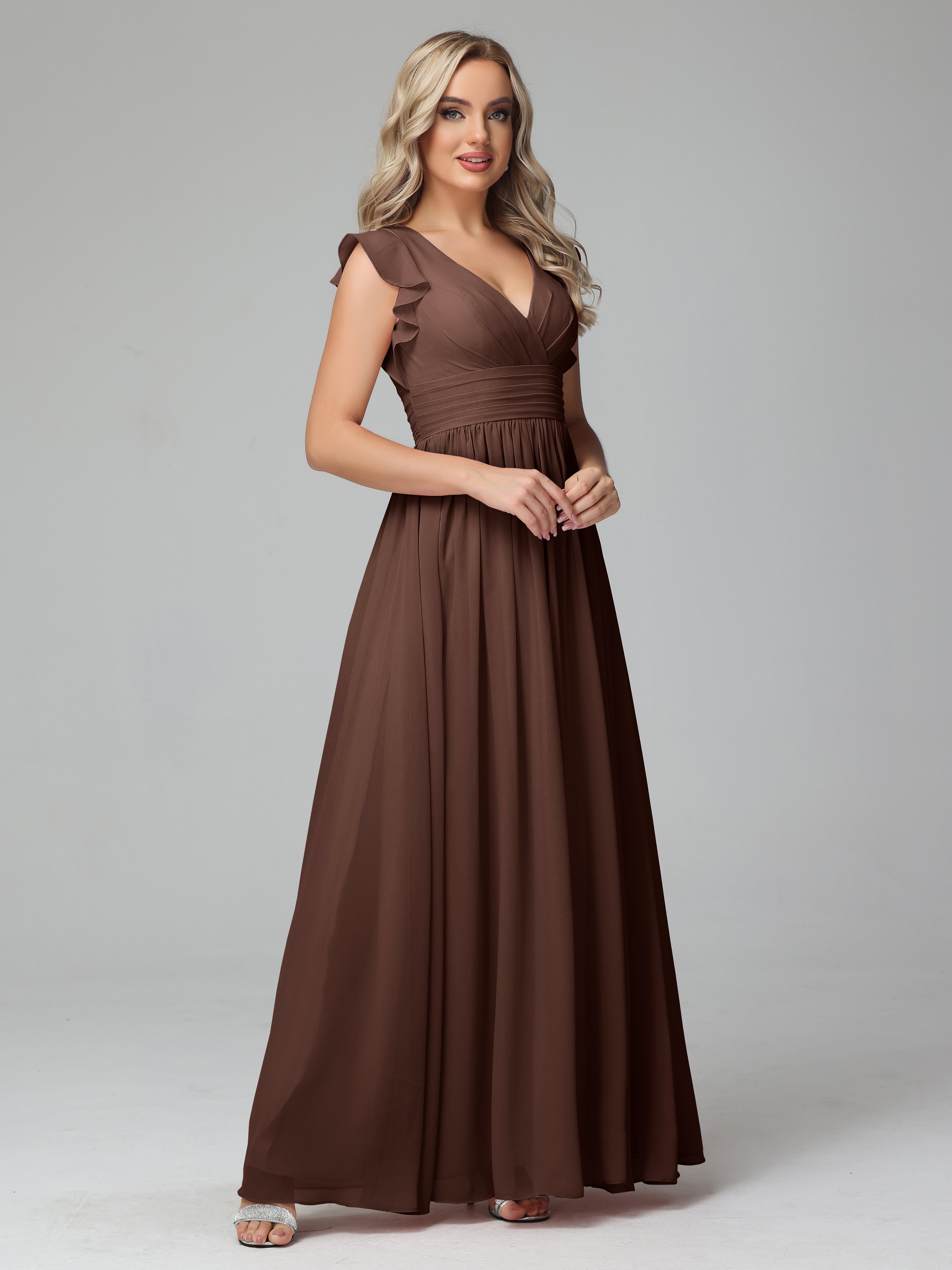 Robes De Demoiselle D'Honneur En Chocolat Trapèze Mousseline Longue Robes Demoiselle D'Honneur