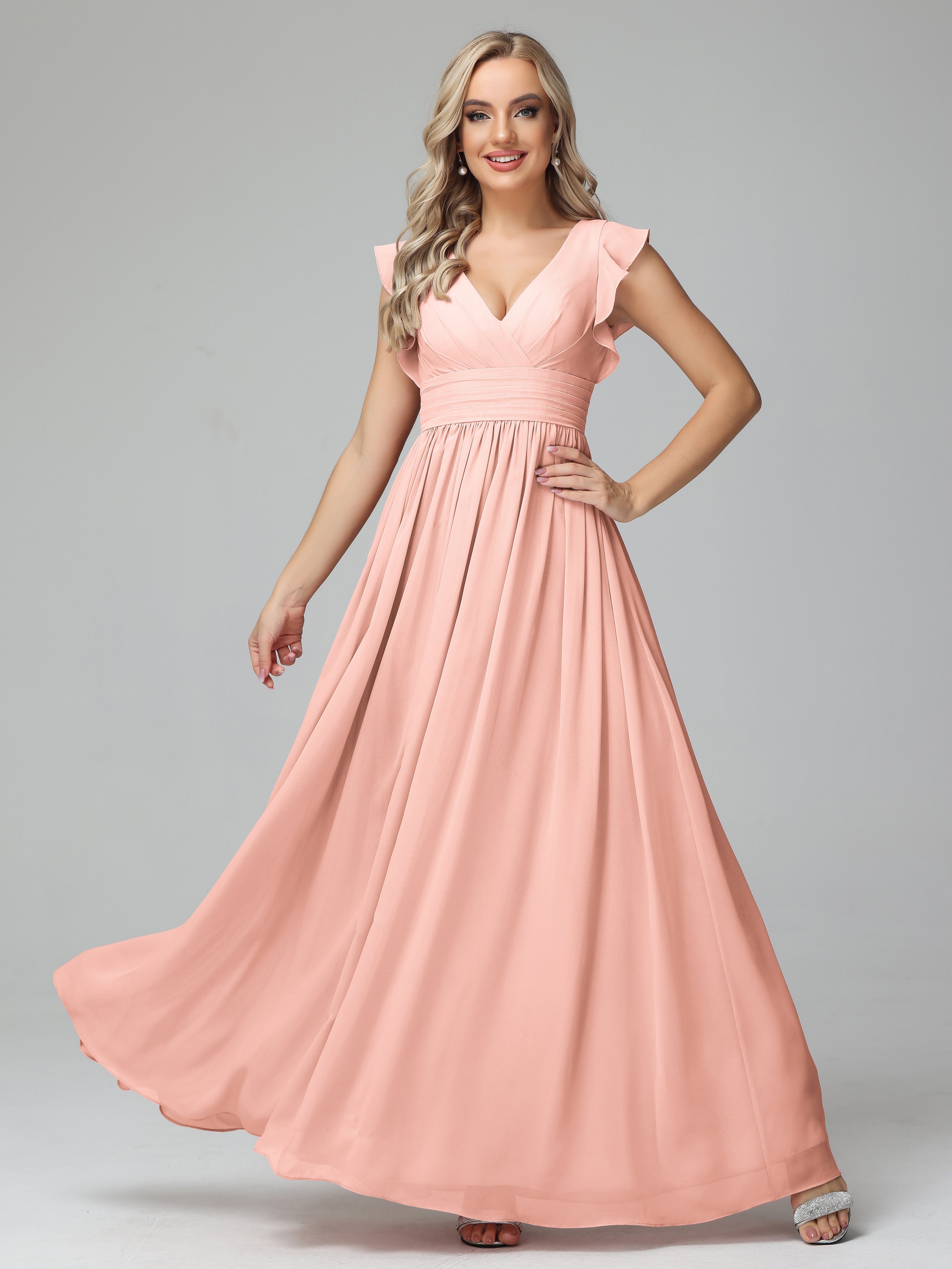 Robe Demoiselle Honneur Corail Trapèze Mousseline Longue Robes Demoiselle D'Honneur