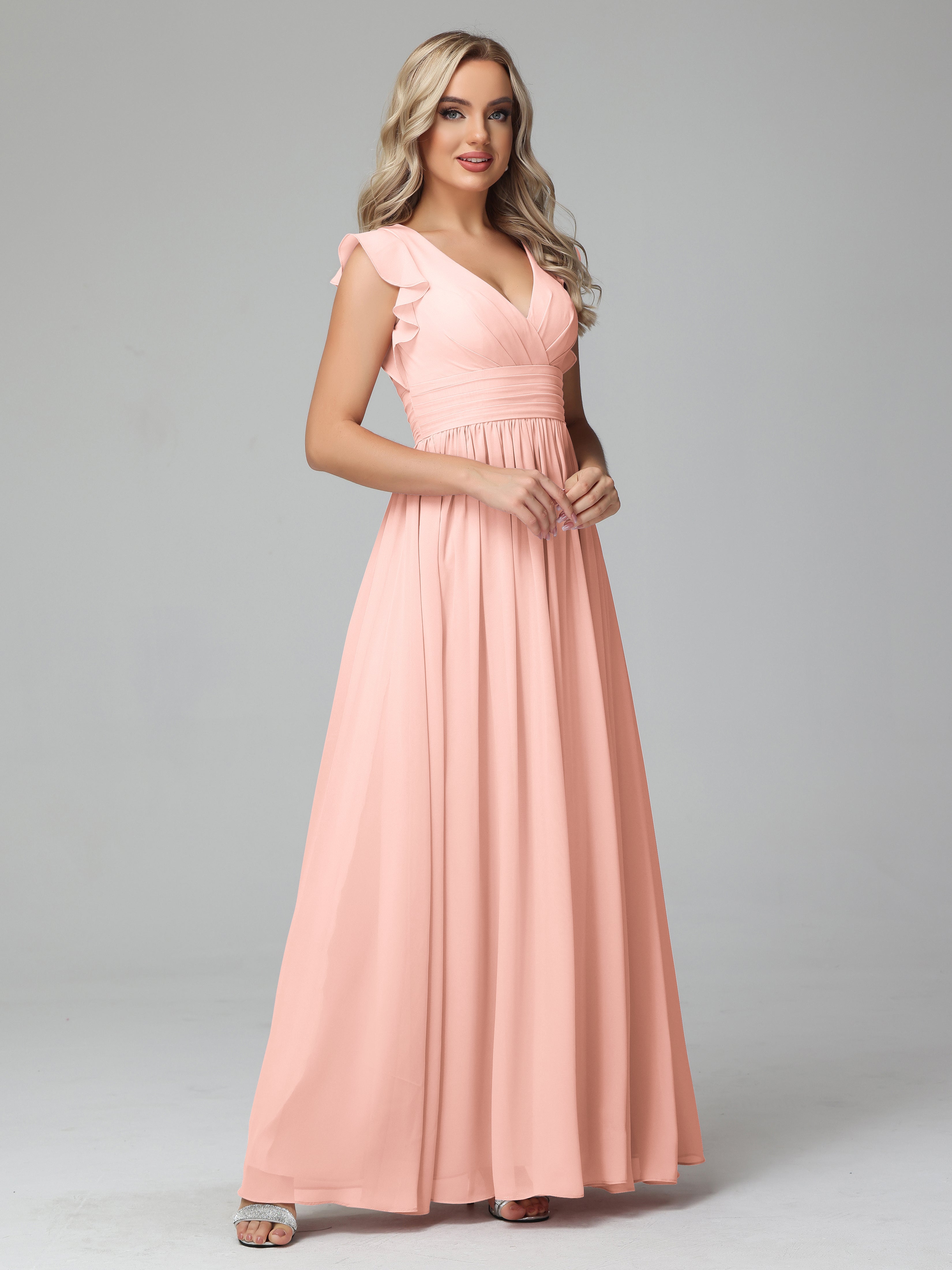 Robe Demoiselle Honneur Corail Trapèze Mousseline Longue Robes Demoiselle D'Honneur
