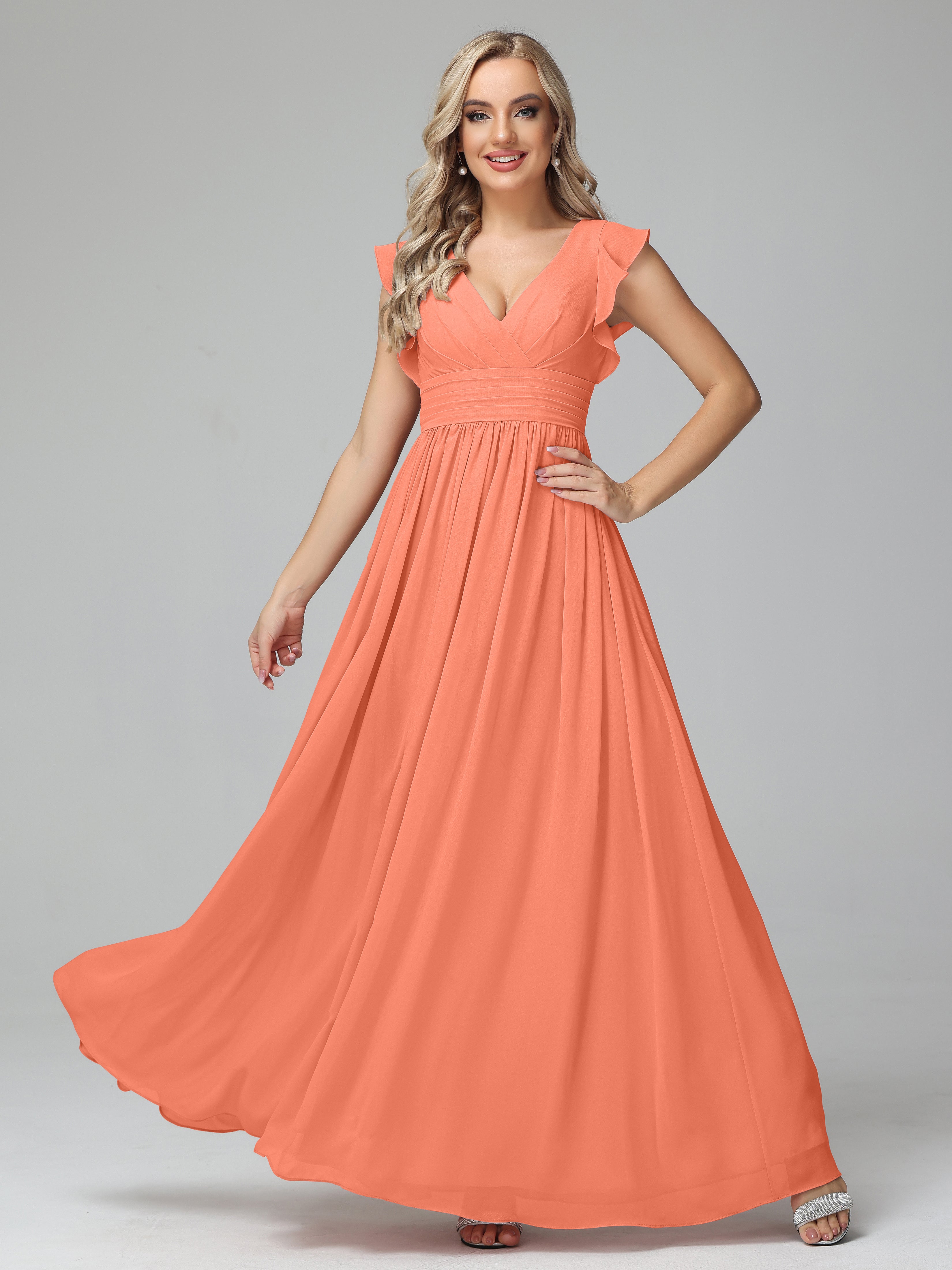 Robes De Demoiselle D'Honneur Coucher De Soleil Trapèze Mousseline Longue Robes Demoiselle D'Honneur
