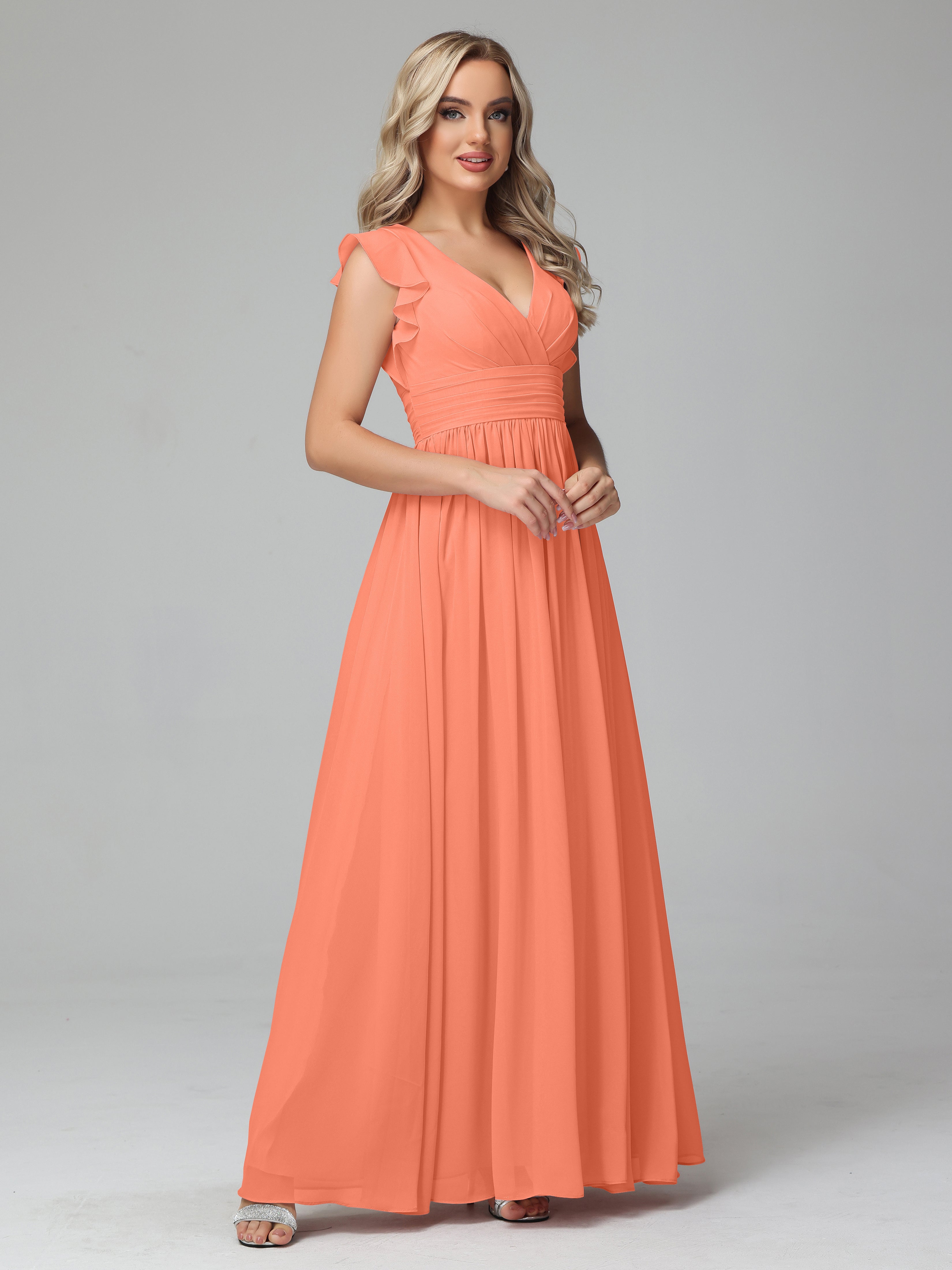 Robes De Demoiselle D'Honneur Coucher De Soleil Trapèze Mousseline Longue Robes Demoiselle D'Honneur