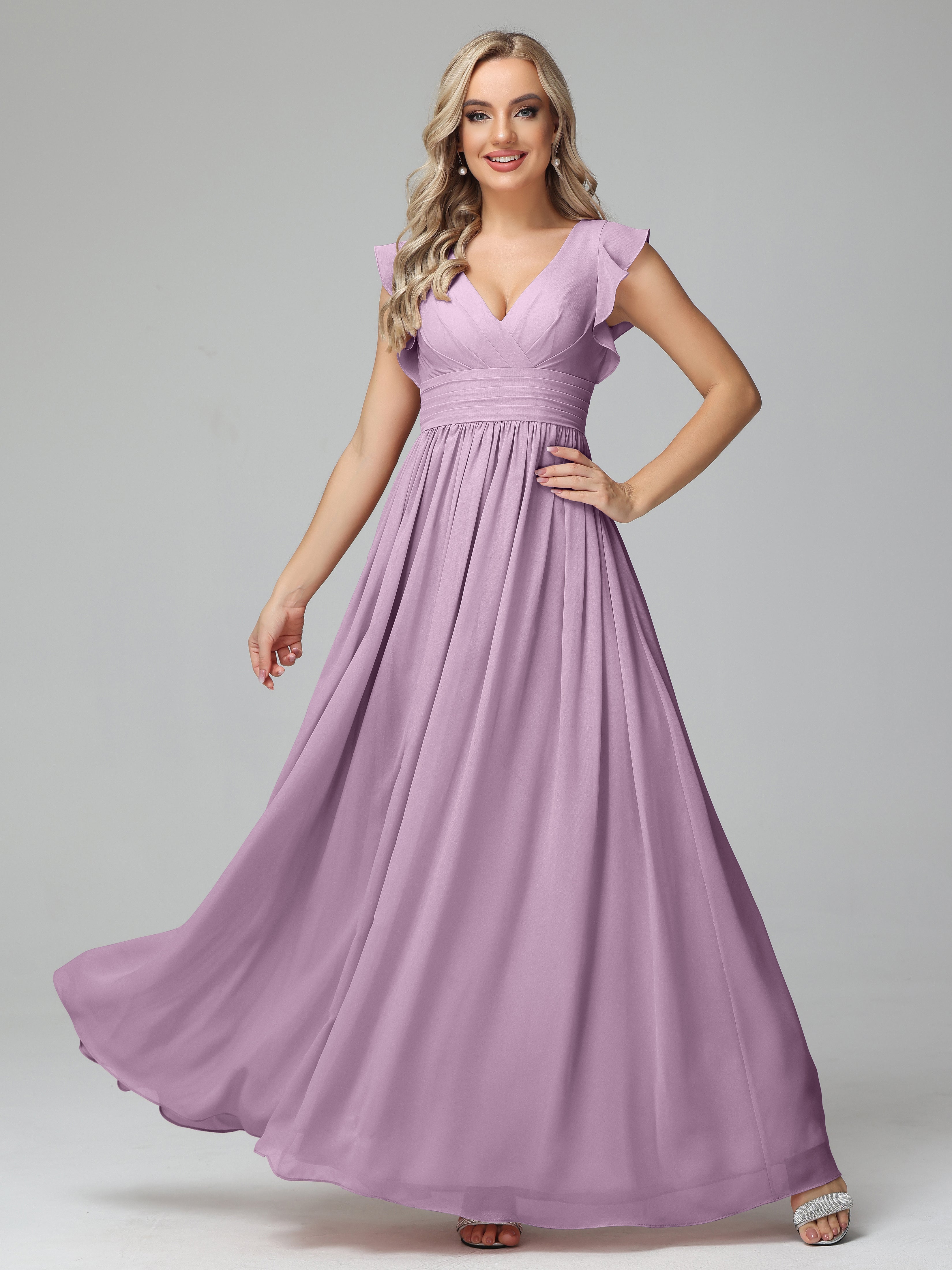 Robes De Demoiselle D'Honneur Glycine Trapèze Mousseline Longue Robes Demoiselle D'Honneur