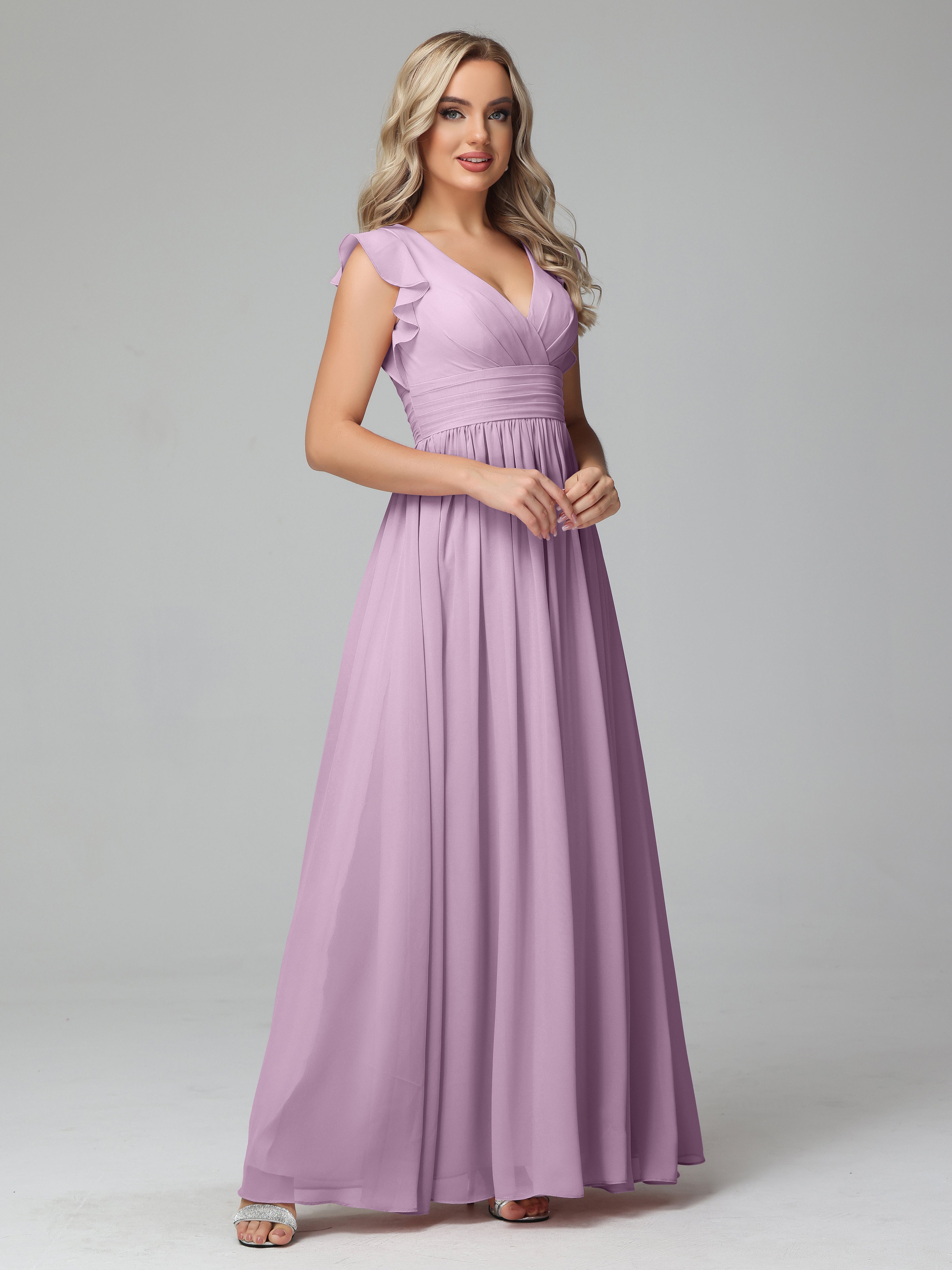 Robes De Demoiselle D'Honneur Glycine Trapèze Mousseline Longue Robes Demoiselle D'Honneur