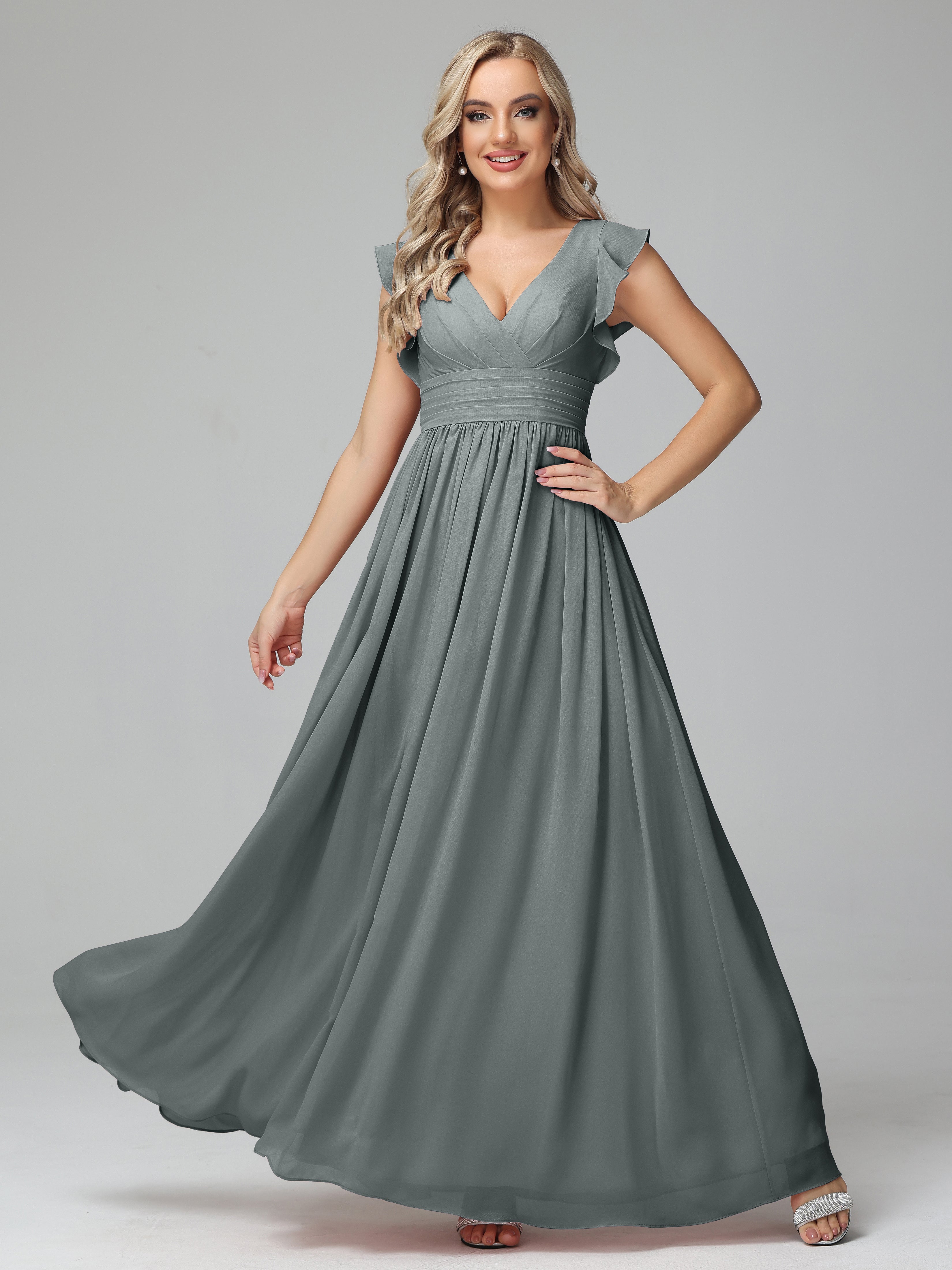 Robes De Demoiselle D'Honneur Gris Argenté Trapèze Mousseline Longue Robes Demoiselle D'Honneur