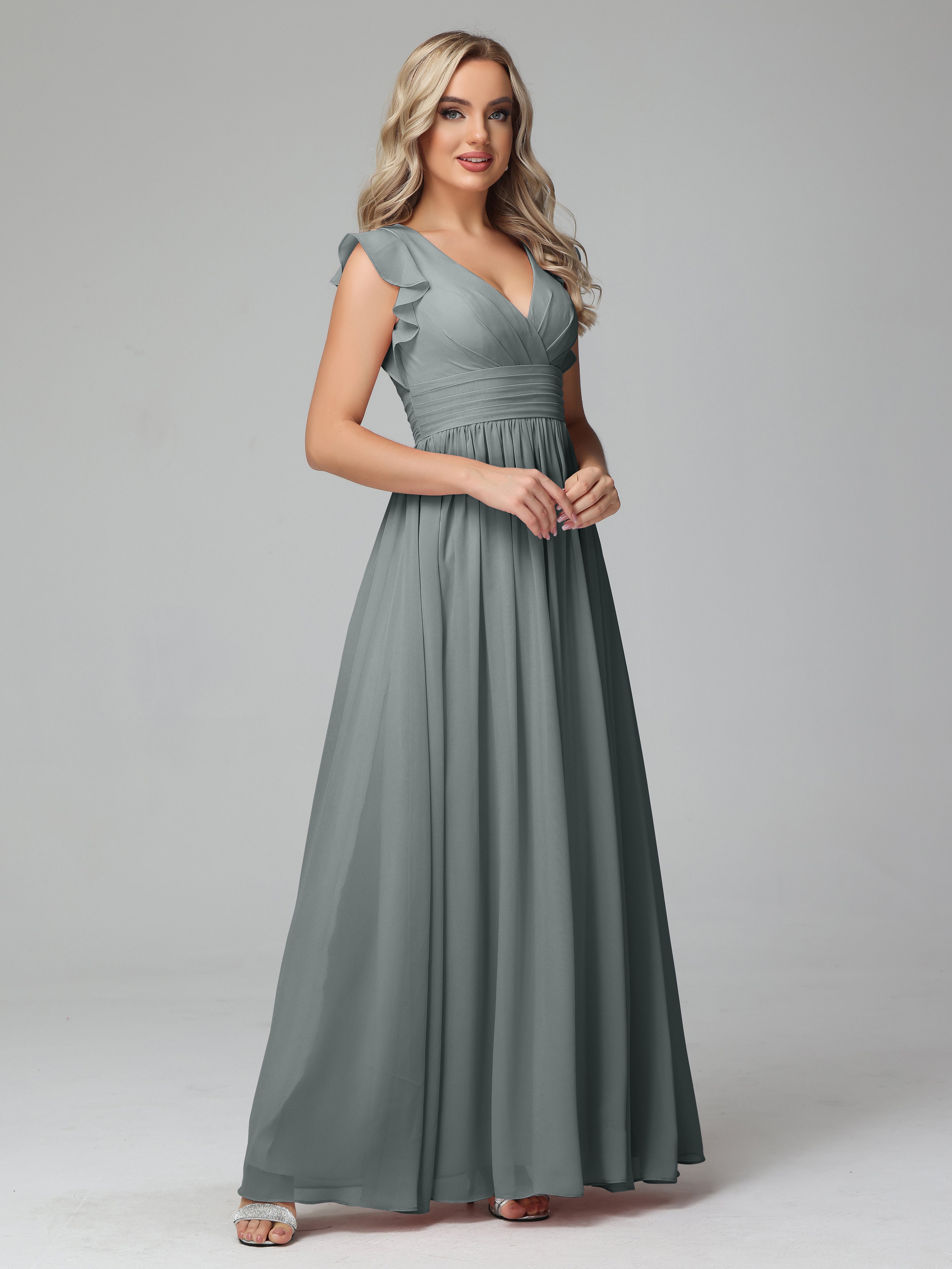 Robes De Demoiselle D'Honneur Gris Argenté Trapèze Mousseline Longue Robes Demoiselle D'Honneur
