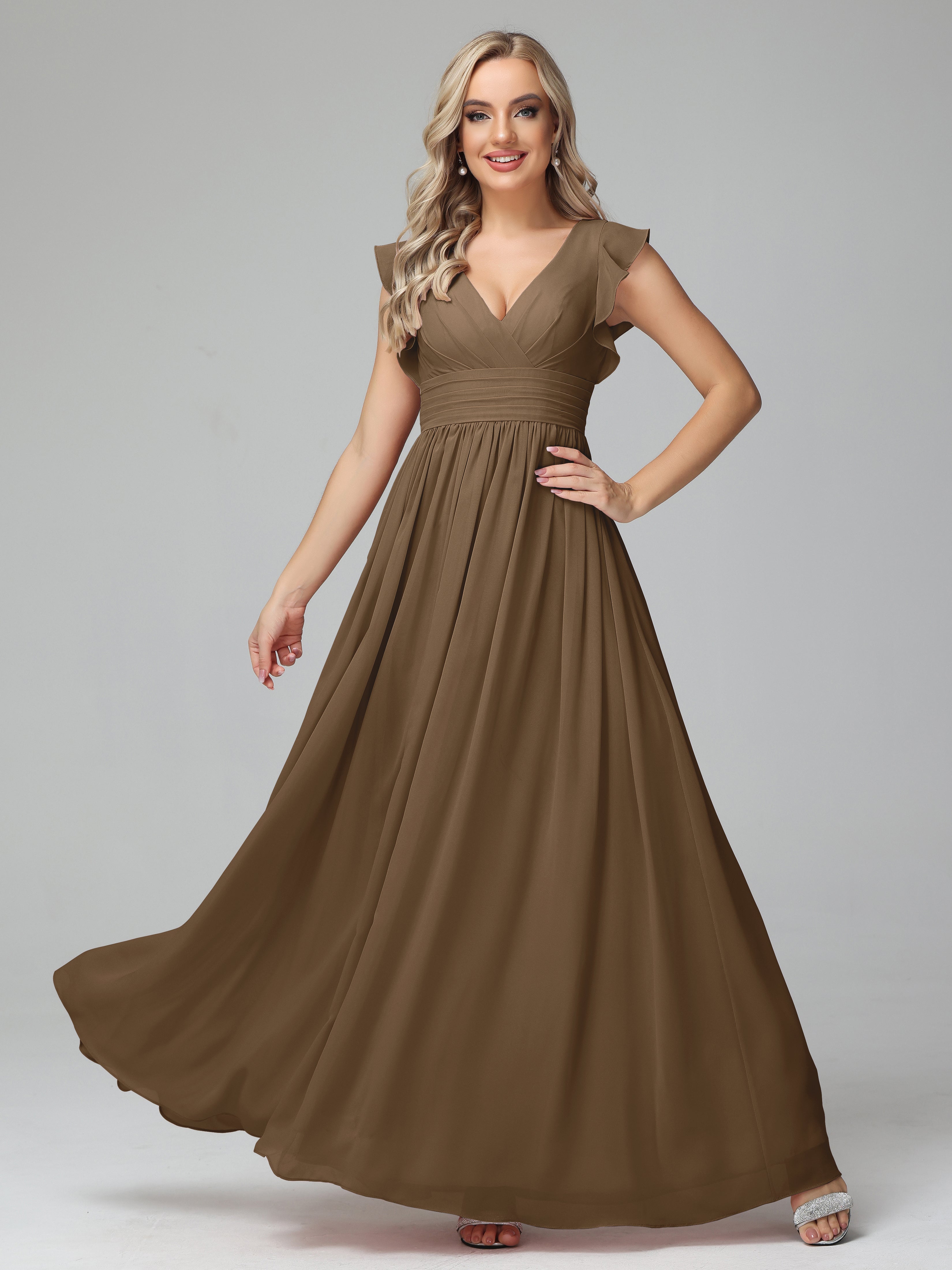 Robe De Demoiselle D'Honneur Moka Trapèze Mousseline Longue Robes Demoiselle D'Honneur