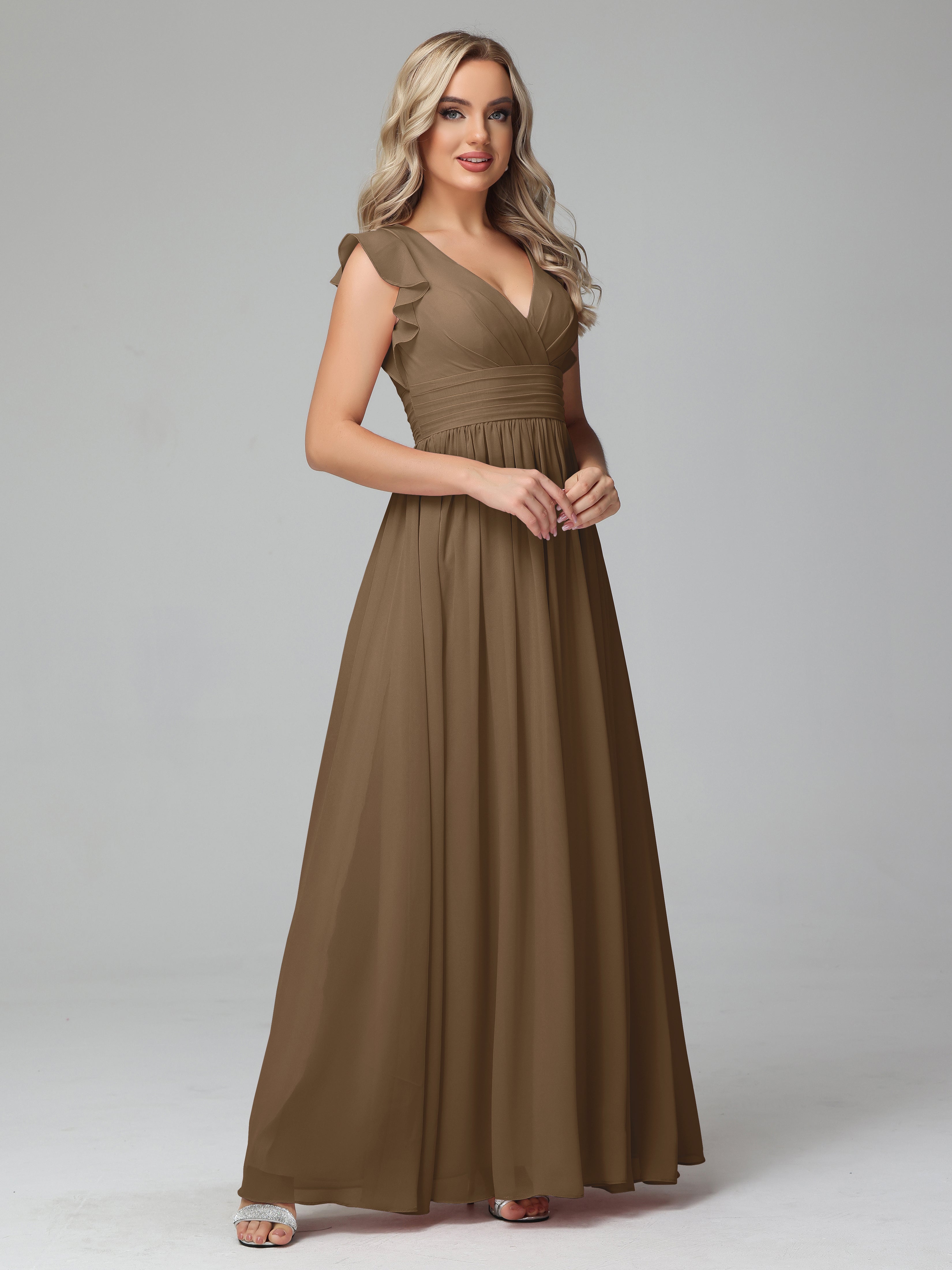 Robe De Demoiselle D'Honneur Moka Trapèze Mousseline Longue Robes Demoiselle D'Honneur