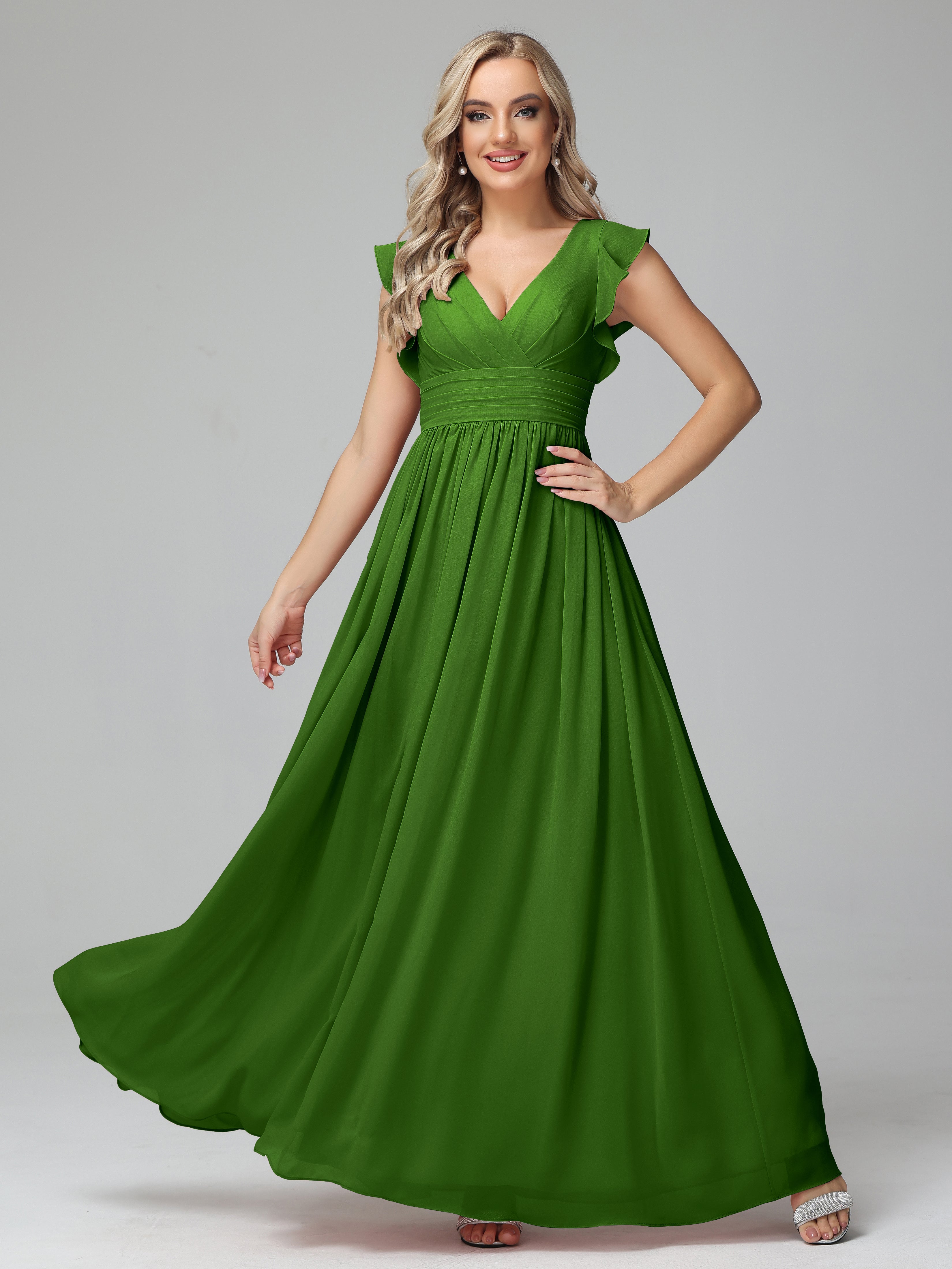 Robes De Demoiselle D'Honneur Vert Mousse Trapèze Mousseline Longue Robes Demoiselle D'Honneur