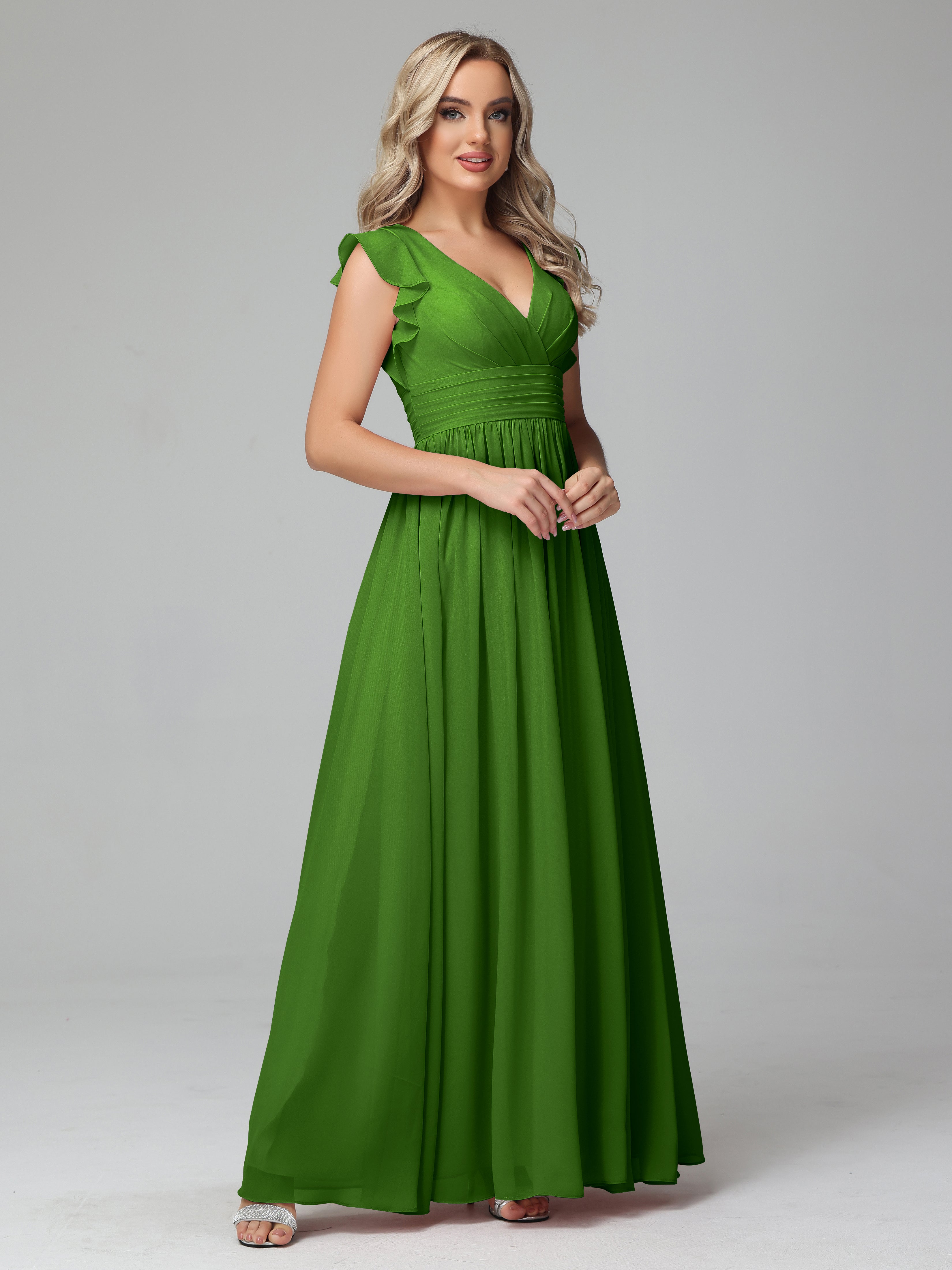 Robes De Demoiselle D'Honneur Vert Mousse Trapèze Mousseline Longue Robes Demoiselle D'Honneur