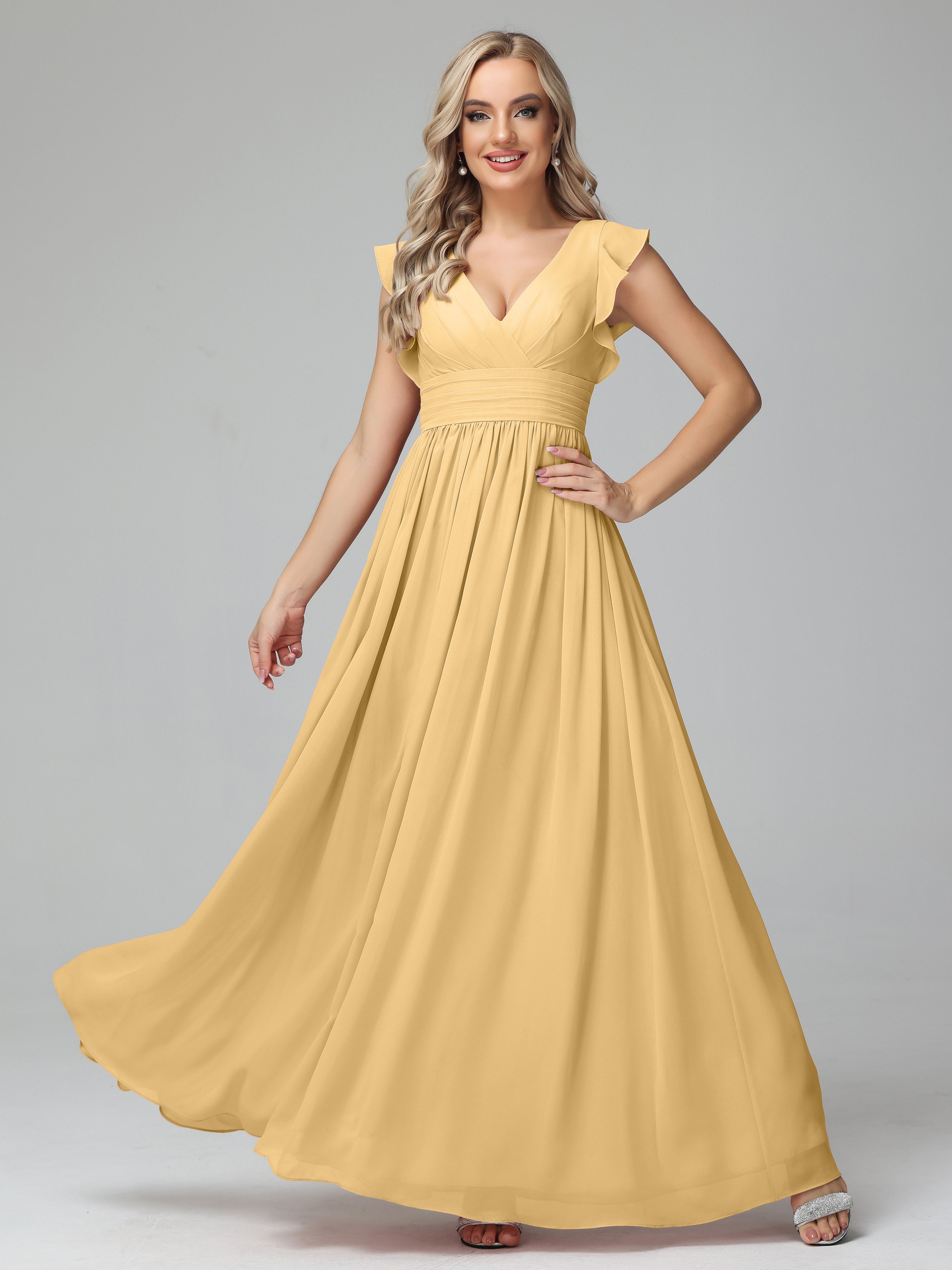 Robe De Demoiselle D'Honneur En Or Trapèze Mousseline Longue Robes Demoiselle D'Honneur