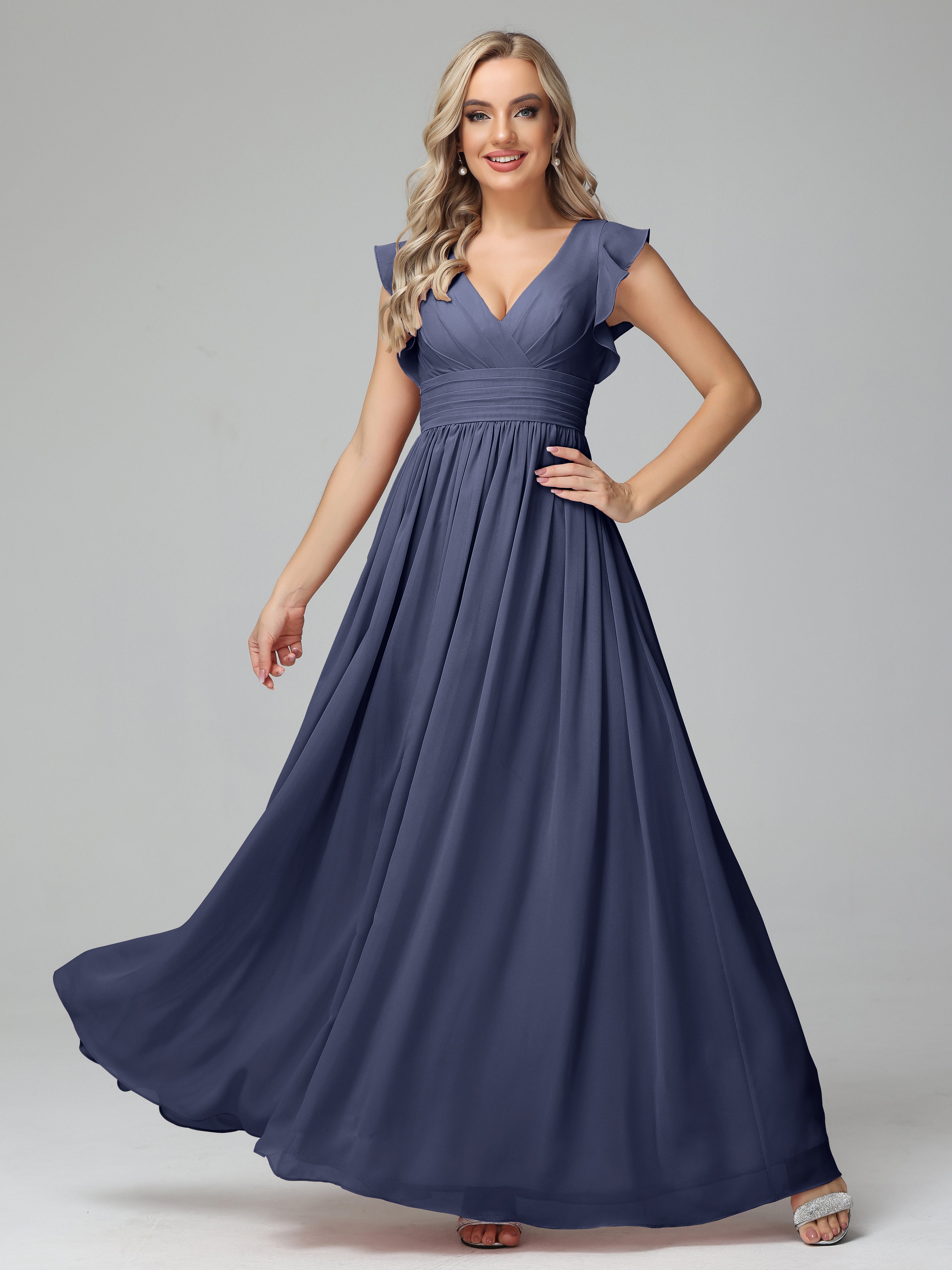 Robes De Demoiselle D'Honneur Bleu Orageux Trapèze Mousseline Longue Robes Demoiselle D'Honneur