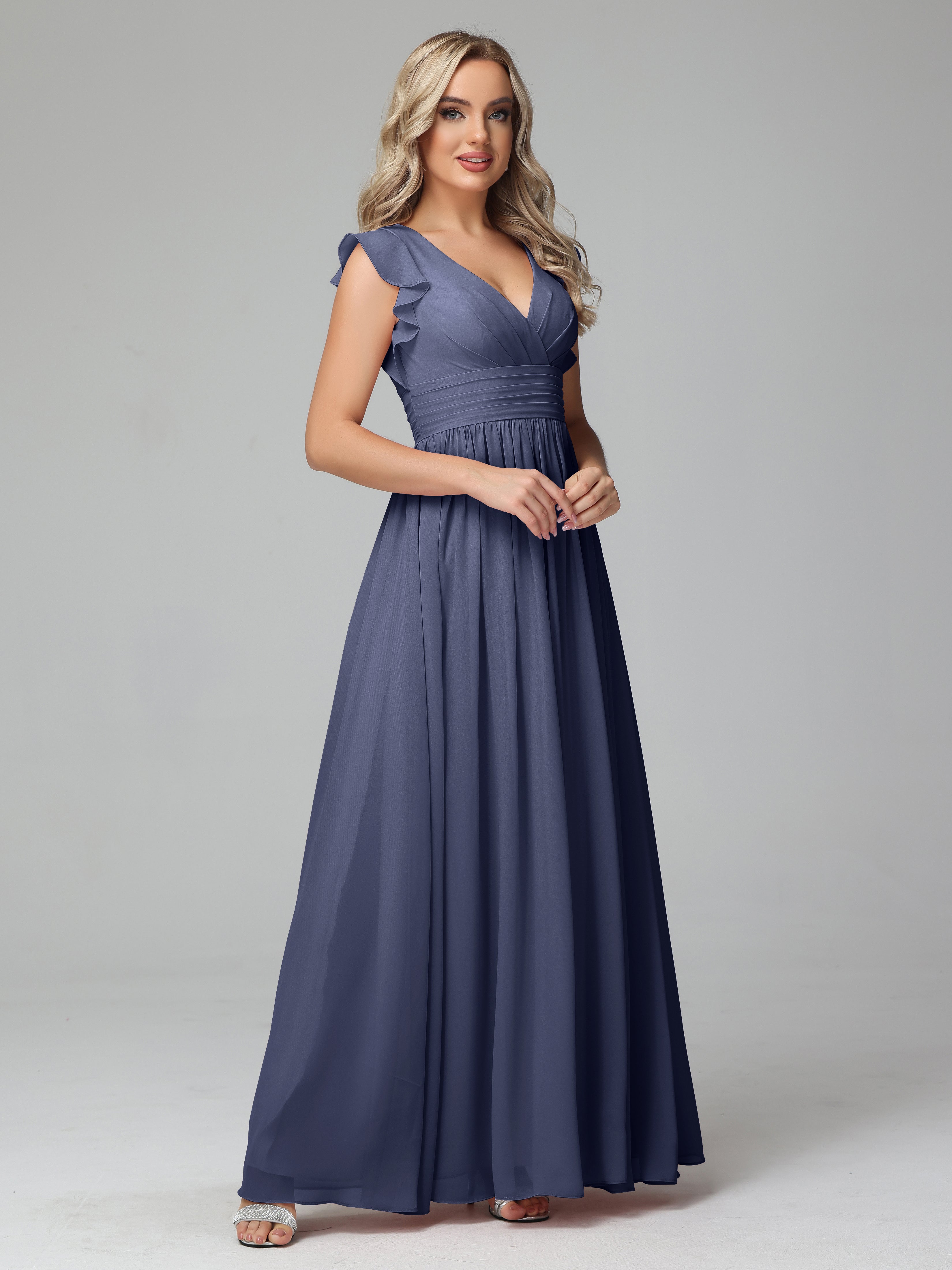 Robes De Demoiselle D'Honneur Bleu Orageux Trapèze Mousseline Longue Robes Demoiselle D'Honneur