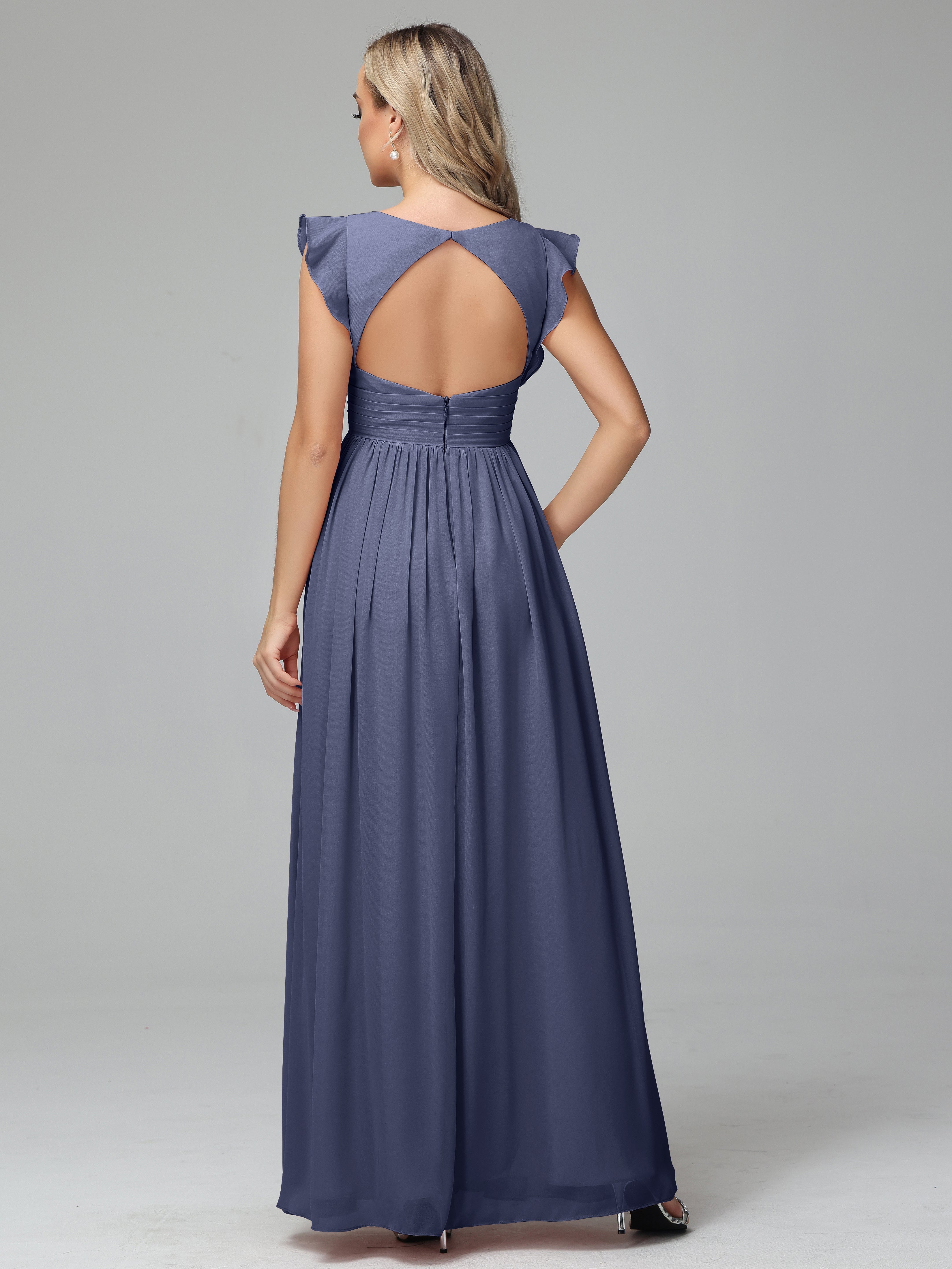 Robes De Demoiselle D'Honneur Bleu Orageux Trapèze Mousseline Longue Robes Demoiselle D'Honneur