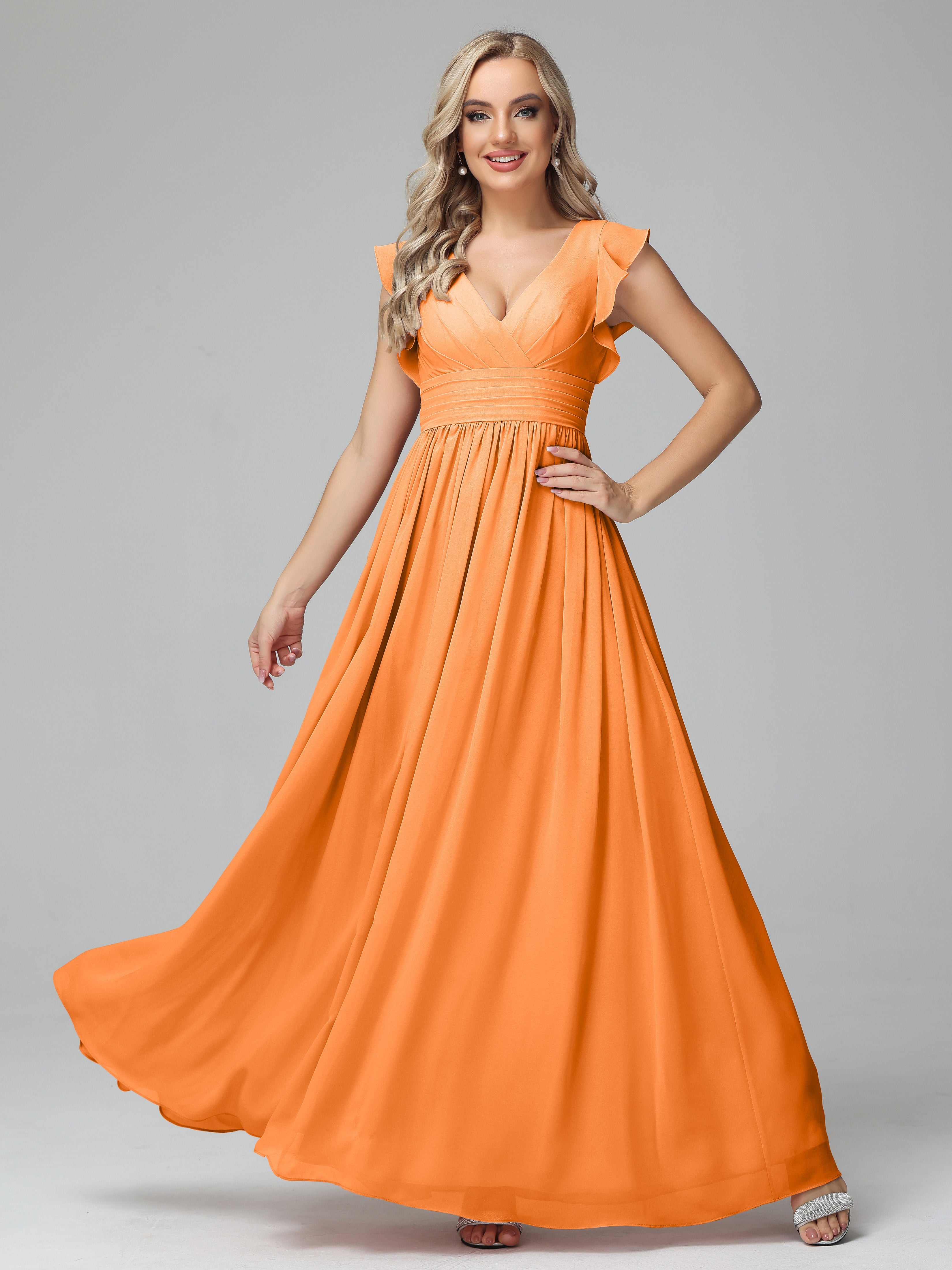Robe Mousseline Orange Trapèze Mousseline Longue Robes Demoiselle D'Honneur