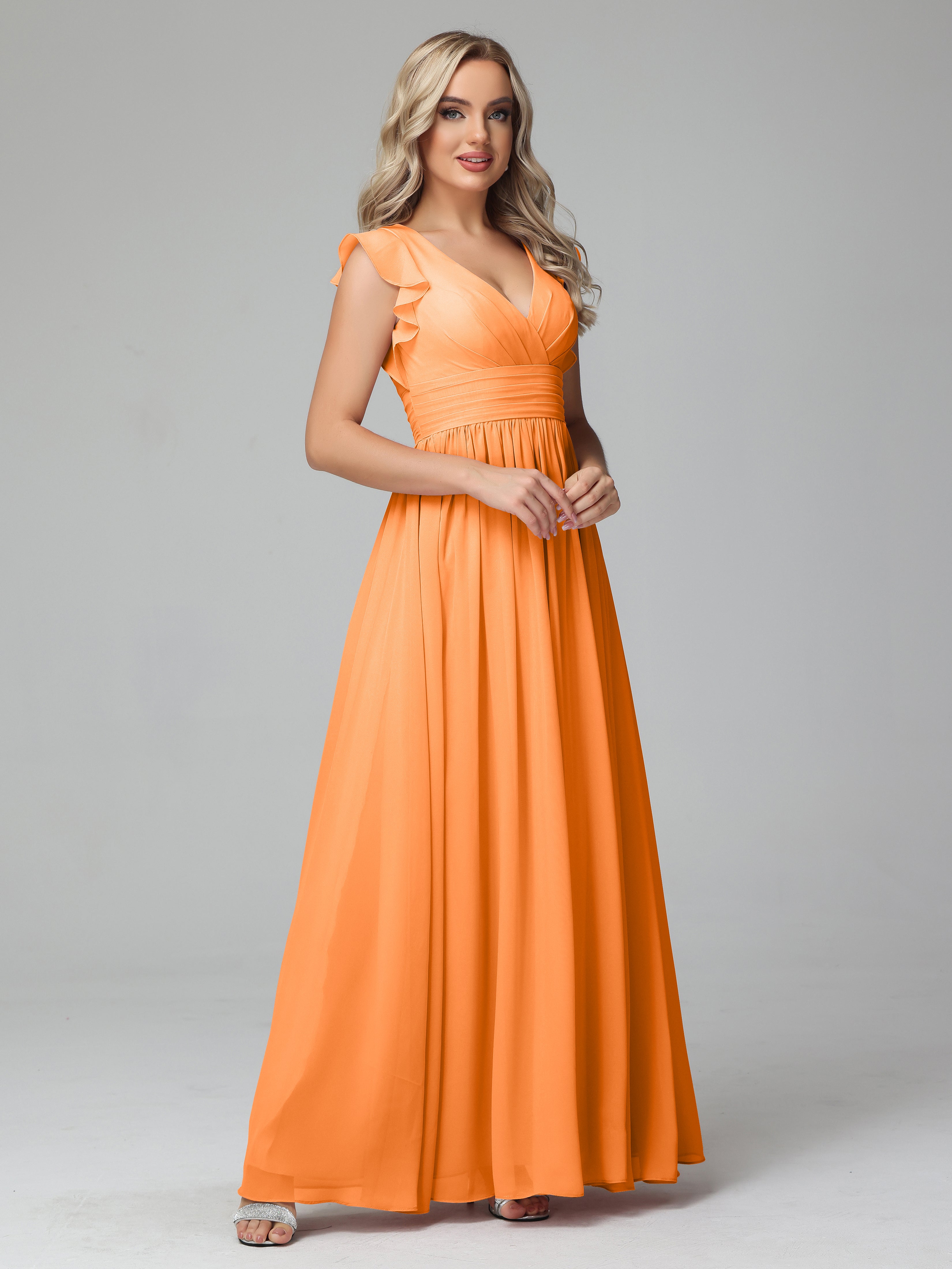Robe Mousseline Orange Trapèze Mousseline Longue Robes Demoiselle D'Honneur