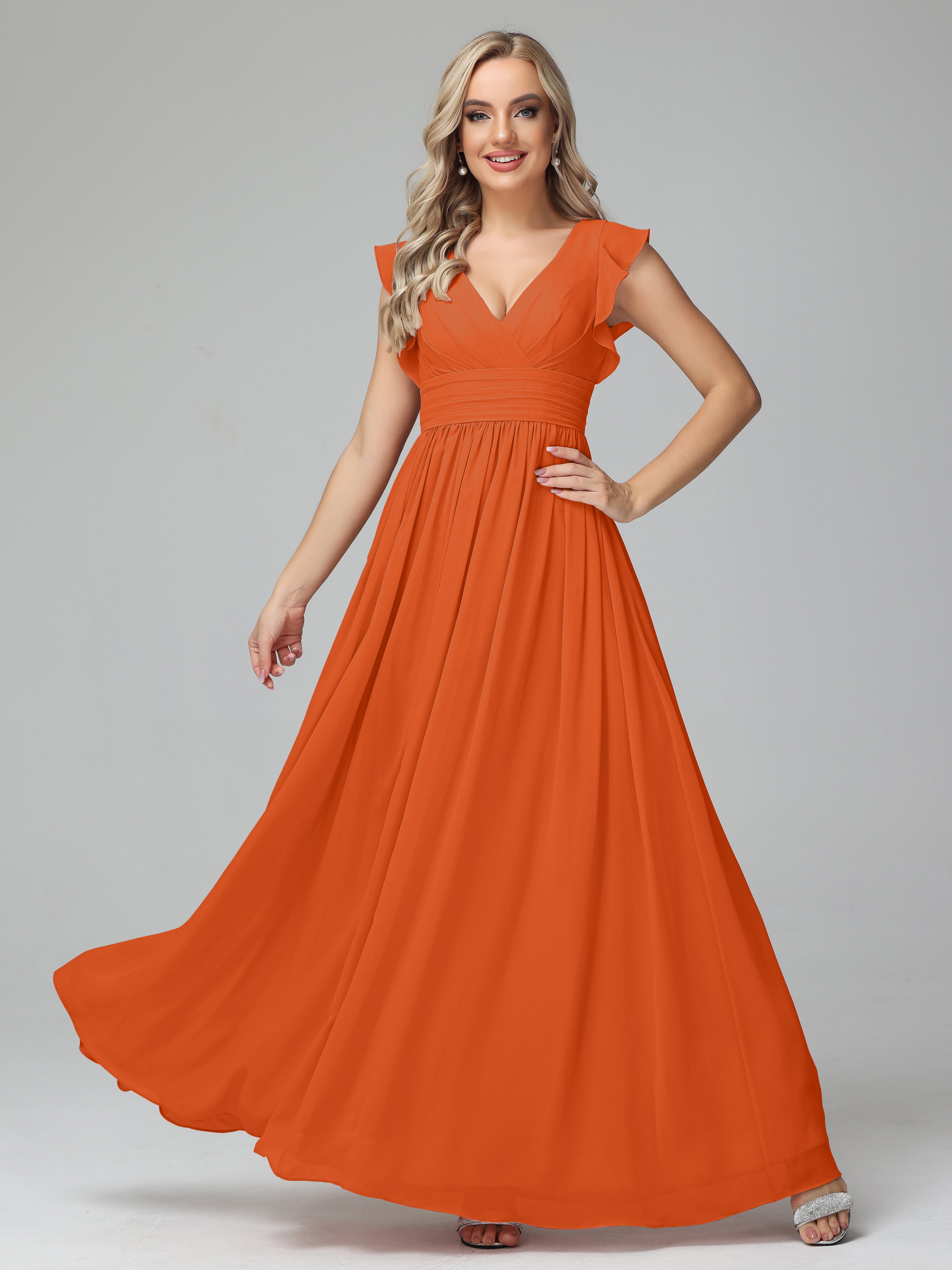 Robes De Demoiselle D'Honneur Orange Brûlé Trapèze Mousseline Longue Robes Demoiselle D'Honneur