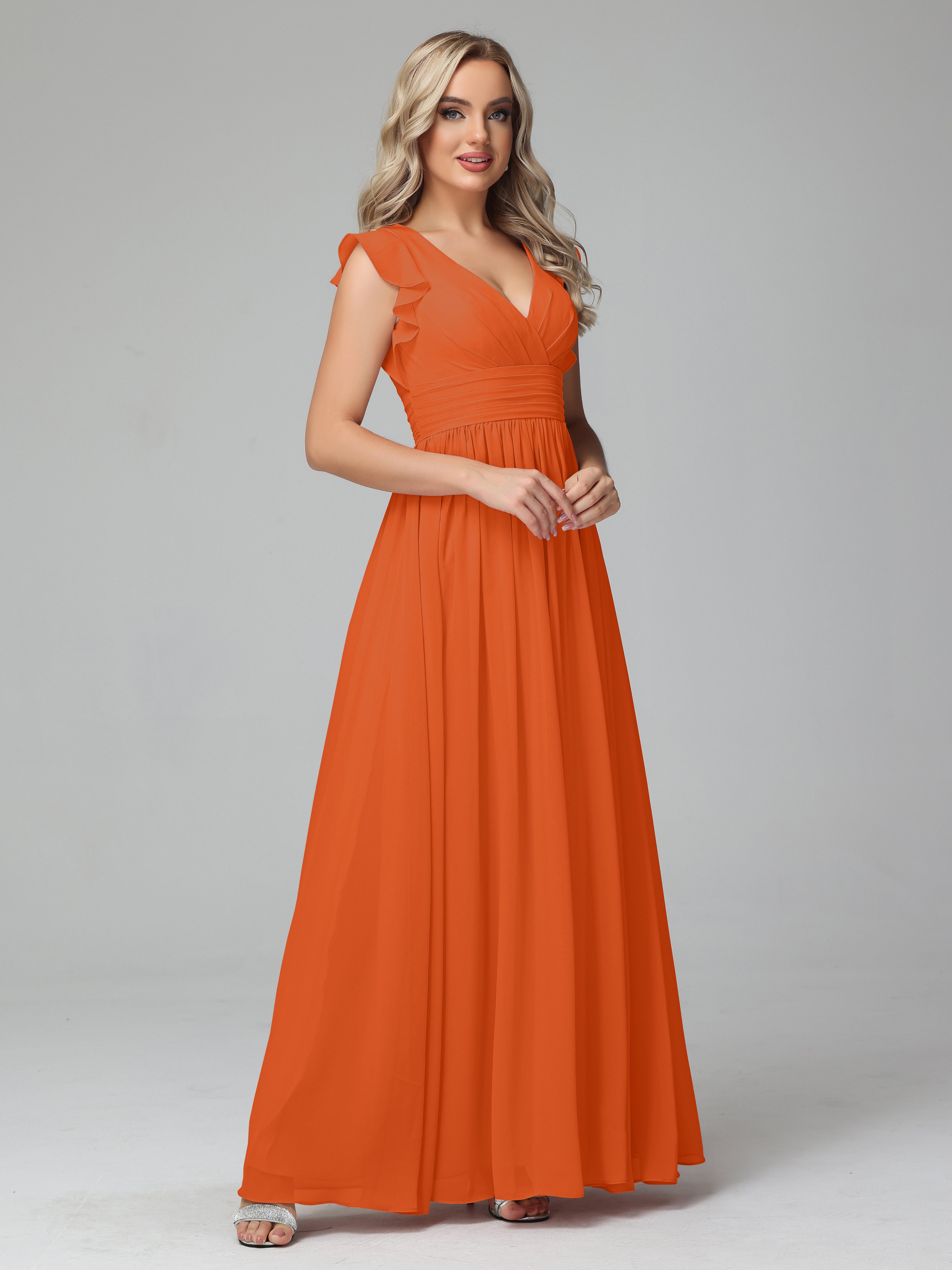 Robes De Demoiselle D'Honneur Orange Brûlé Trapèze Mousseline Longue Robes Demoiselle D'Honneur
