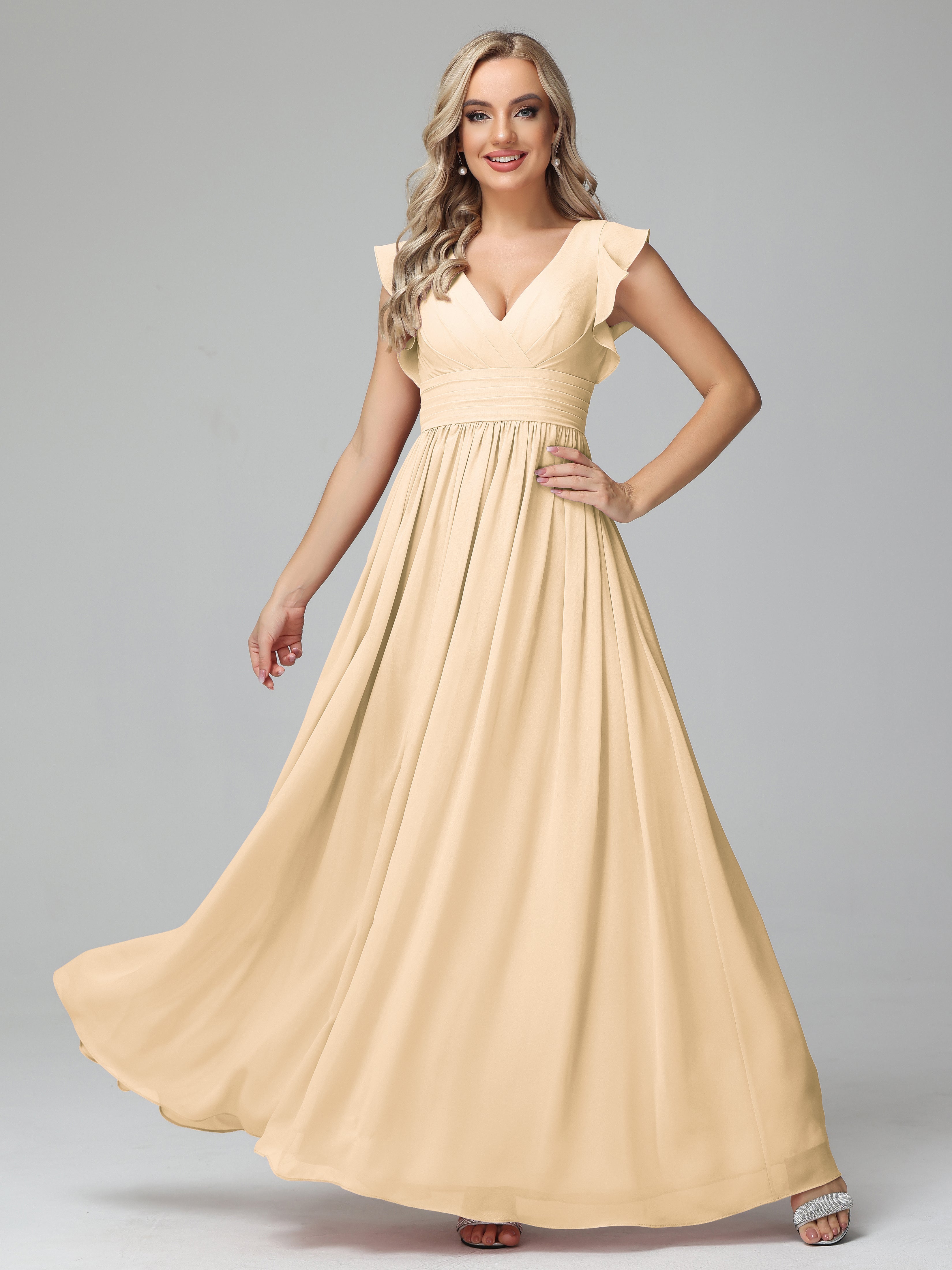 Robes De Demoiselle D'Honneur Pêche Trapèze Mousseline Longue Robes Demoiselle D'Honneur